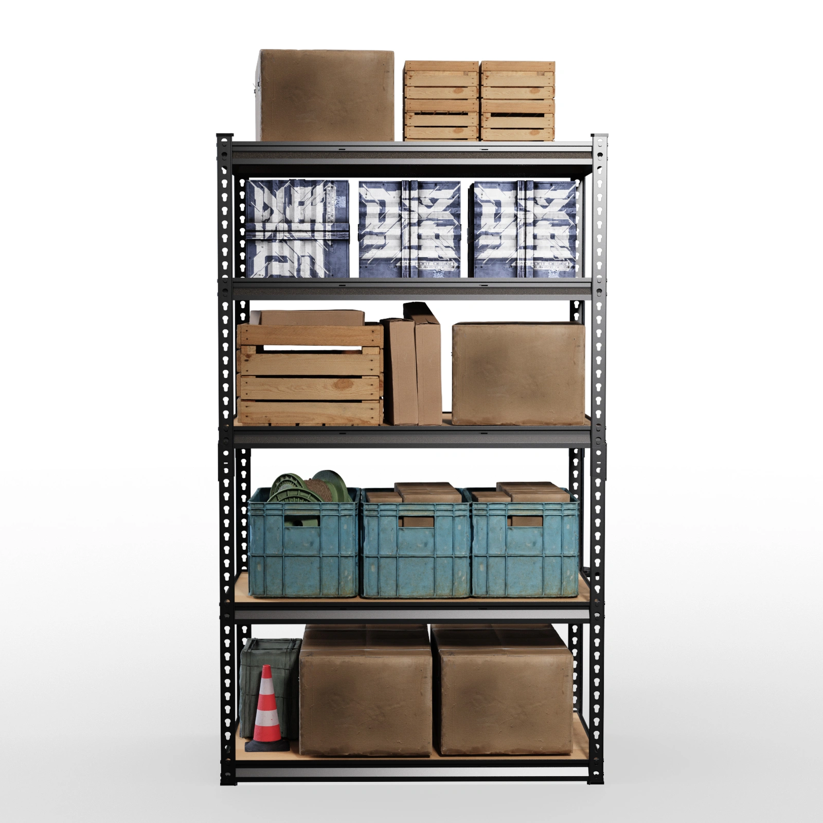 Adjustable Display Stand Black Iron Frame Gourd-Shaped Holes 122x45x184cm Natural Wood MDF Shelves with Rubber Hammer & Gloves view 4