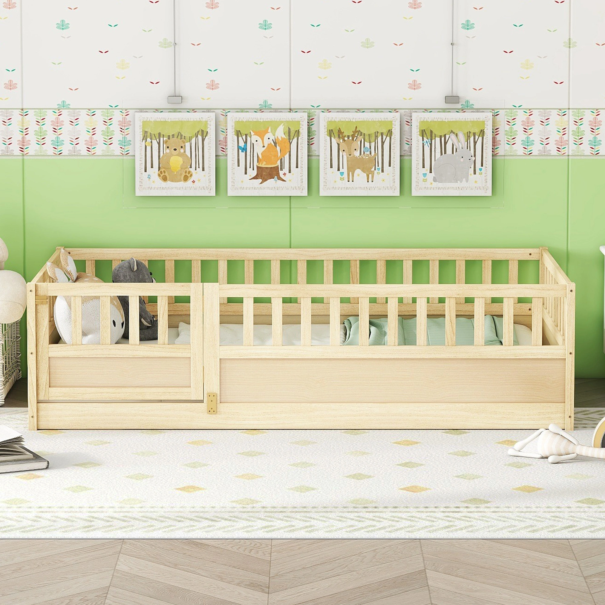 Twin Size Montessori Floor Bed with Security Barrier & Door, Natural Wood Children's Floor Bed Frame, Integral Construction view 10