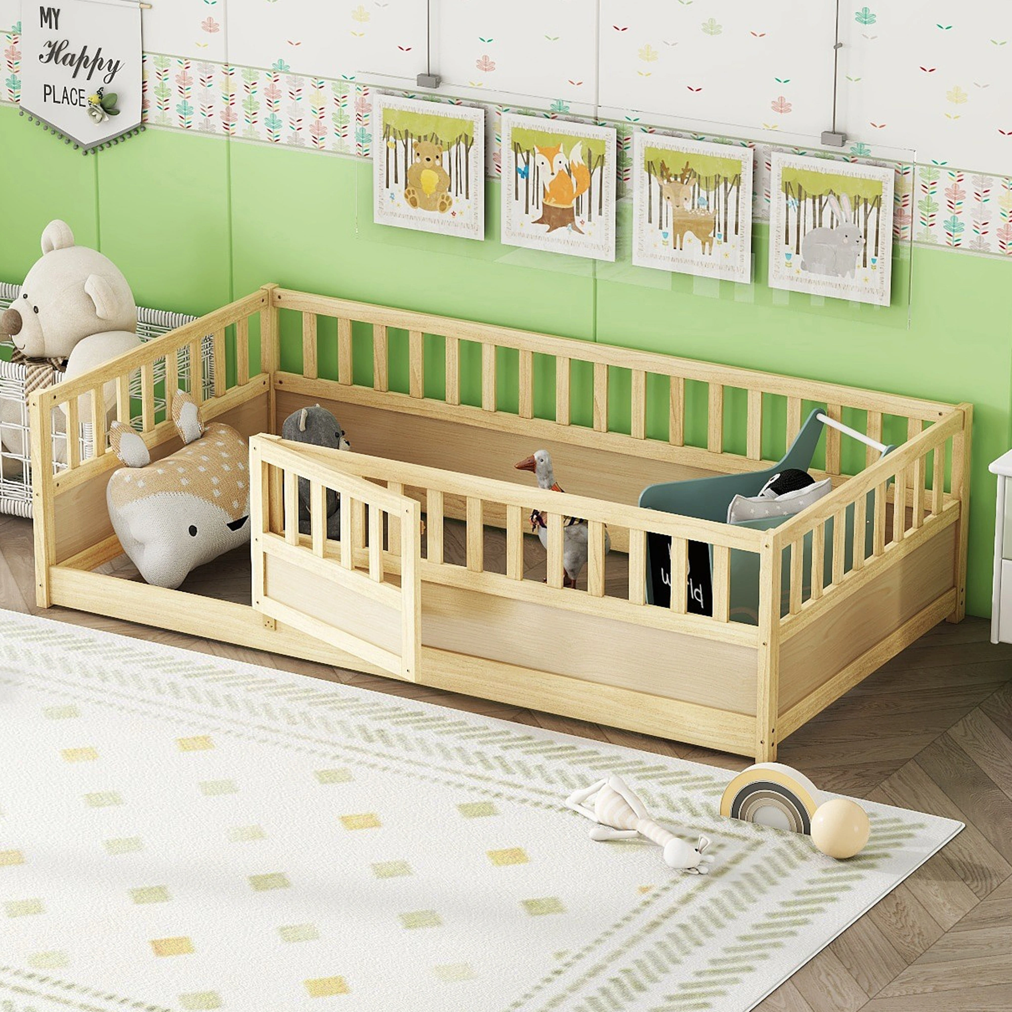 Twin Size Montessori Floor Bed with Security Barrier & Door, Natural Wood Children's Floor Bed Frame, Integral Construction view 2