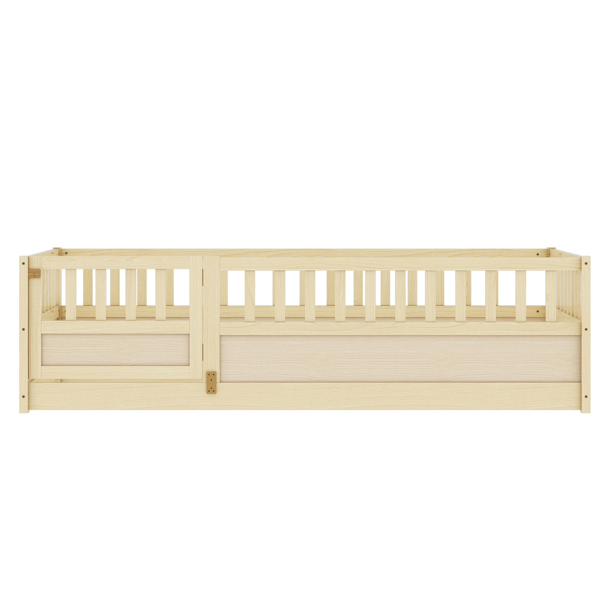 Twin Size Montessori Floor Bed with Security Barrier & Door, Natural Wood Children's Floor Bed Frame, Integral Construction view 5