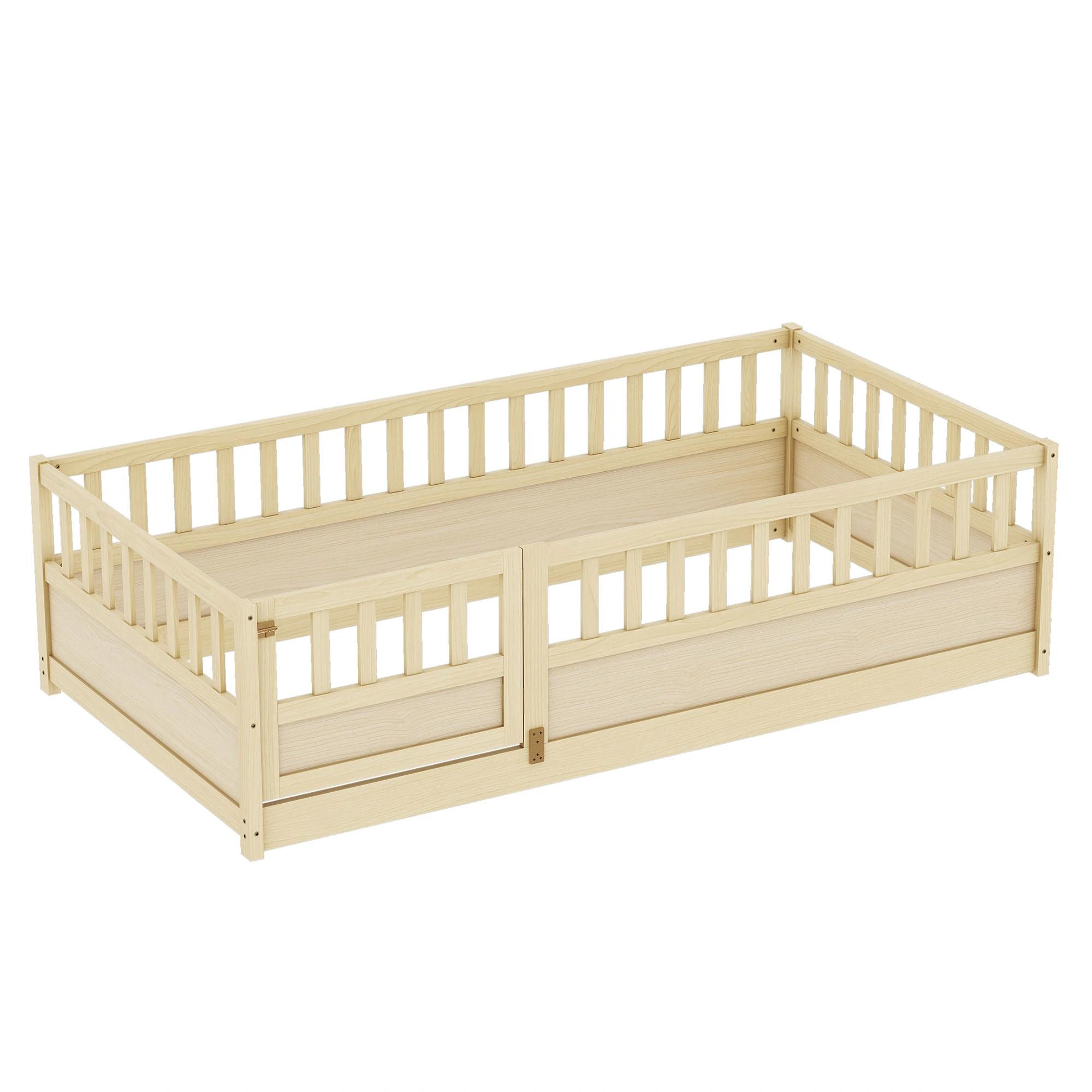 Twin Size Montessori Floor Bed with Security Barrier & Door, Natural Wood Children's Floor Bed Frame, Integral Construction view 6