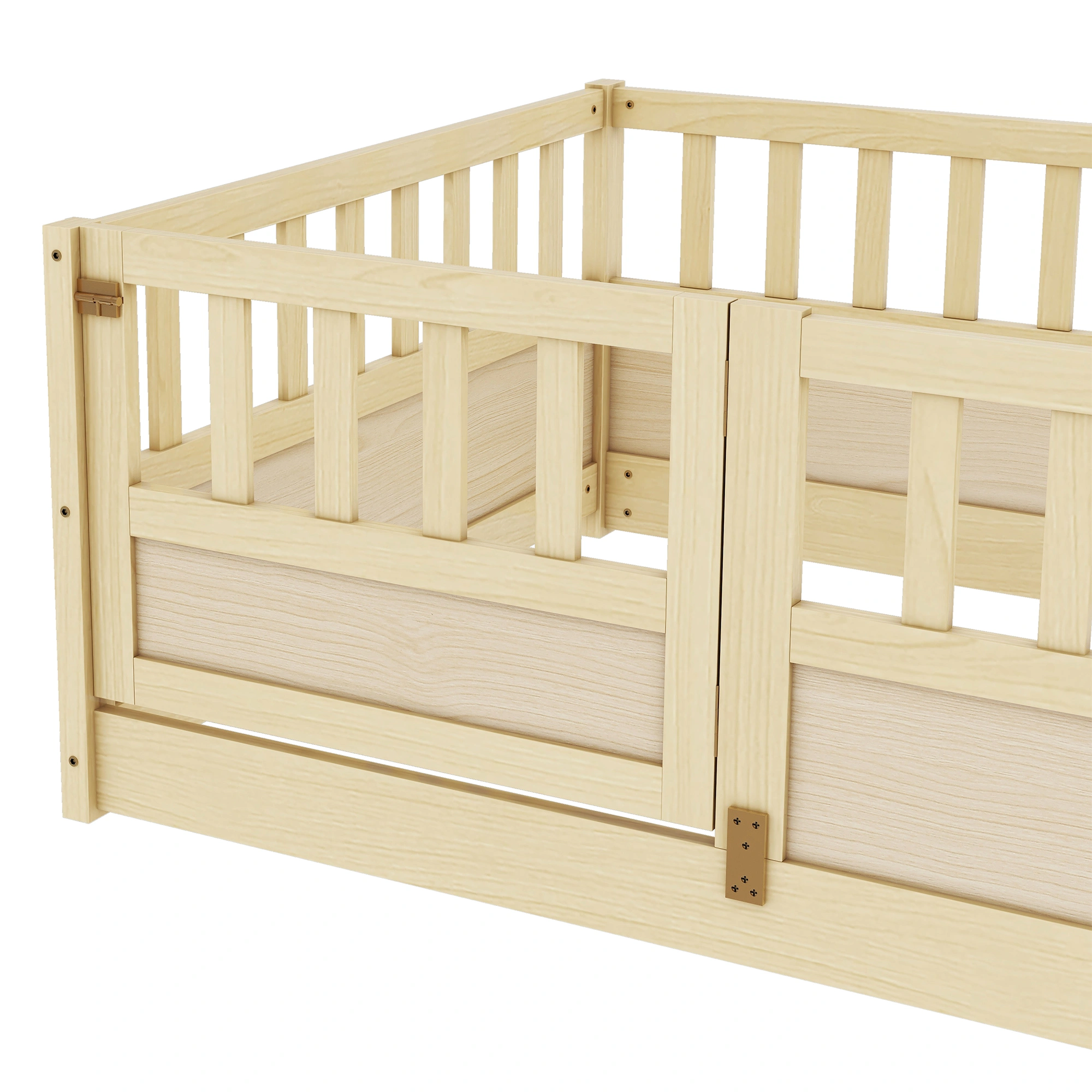 Twin Size Montessori Floor Bed with Security Barrier & Door, Natural Wood Children's Floor Bed Frame, Integral Construction view 7