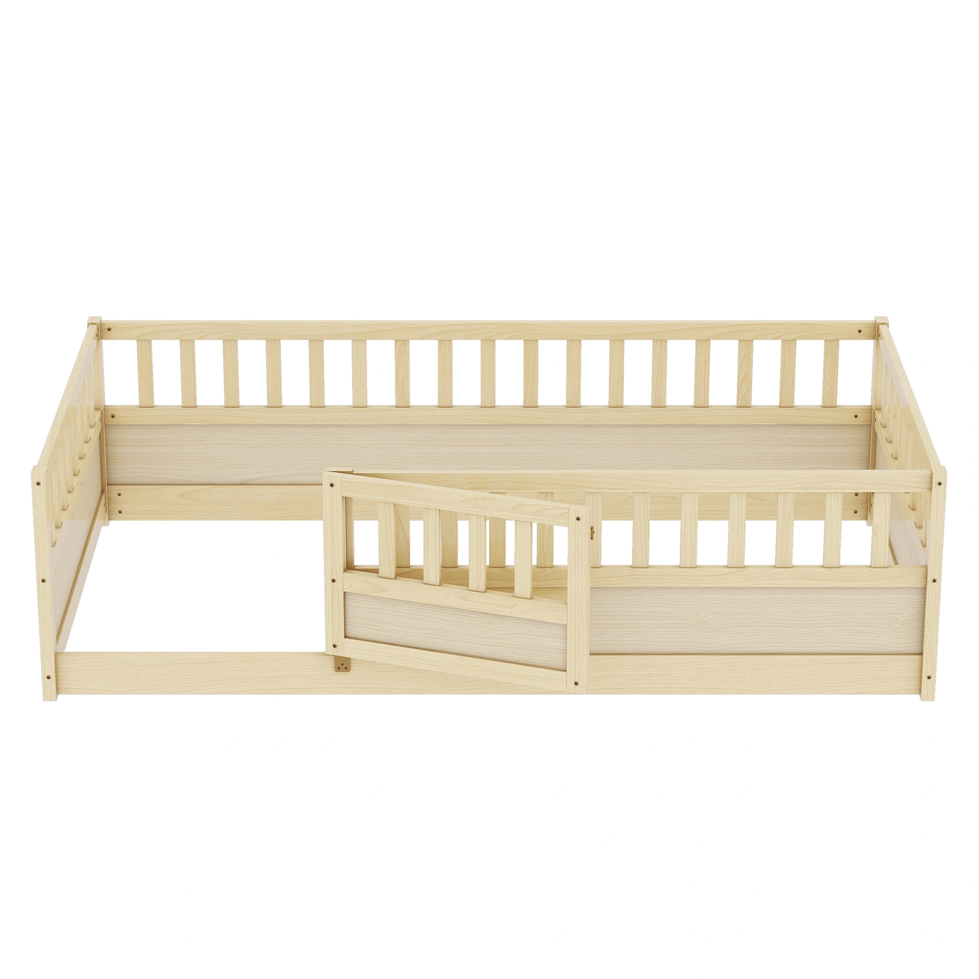 Twin Size Montessori Floor Bed with Security Barrier & Door, Natural Wood Children's Floor Bed Frame, Integral Construction view 8