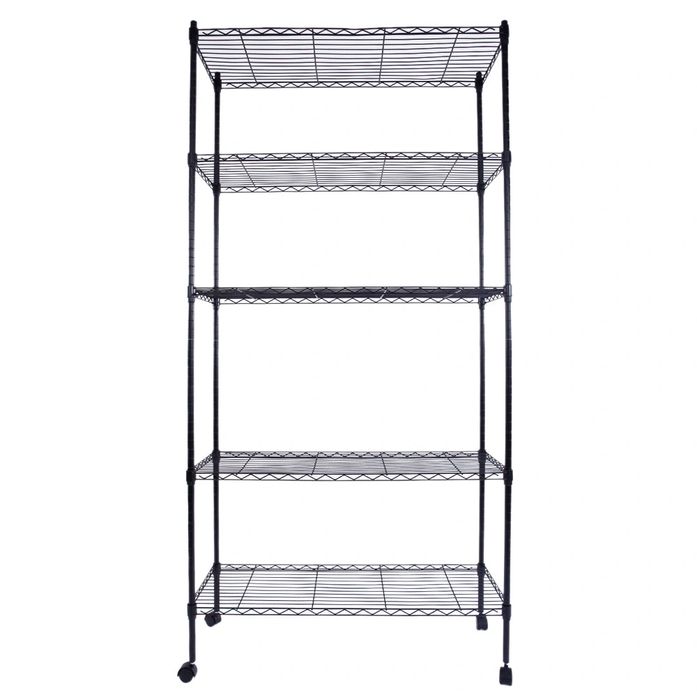 5-Tier Plastic Coated Iron Shelving Unit 165x90x35cm with 1.5" Nylon Wheels Heavy Duty Storage Rack Black