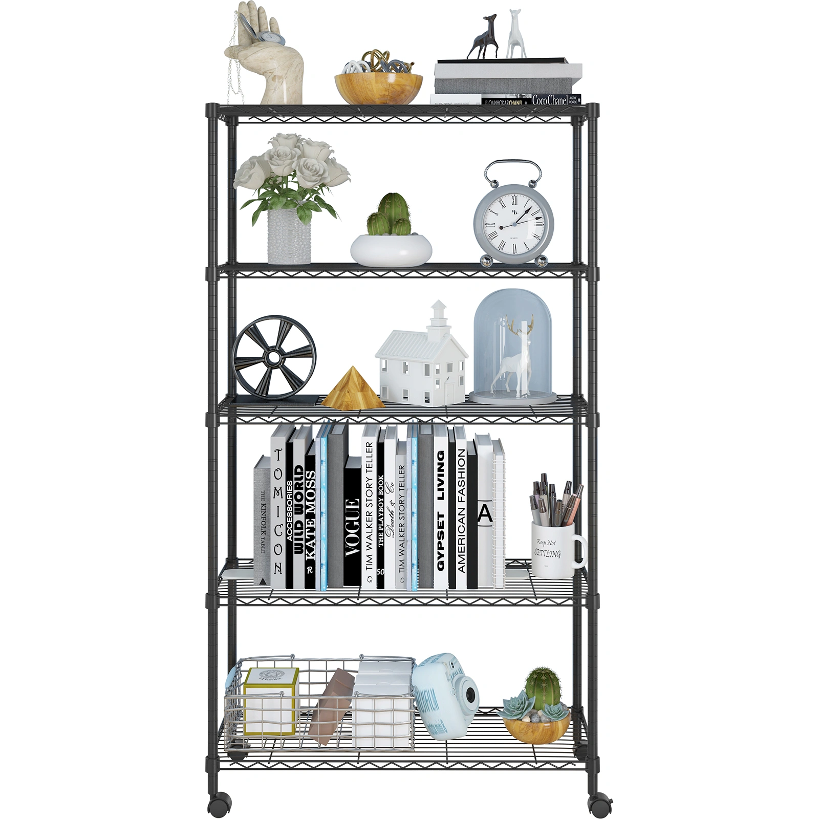 5-Tier Plastic Coated Iron Shelving Unit 165x90x35cm with 1.5" Nylon Wheels Heavy Duty Storage Rack Black view 19