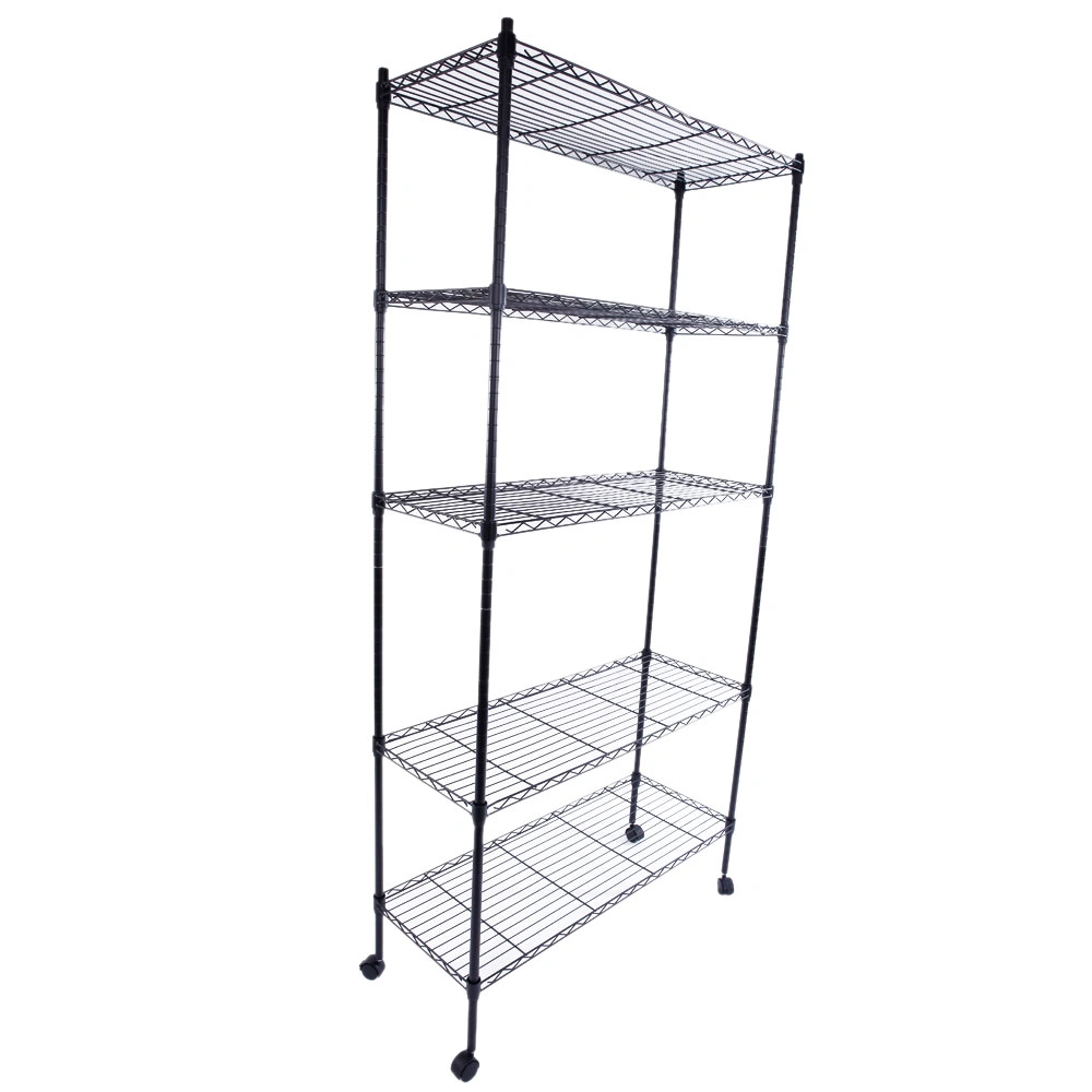 5-Tier Plastic Coated Iron Shelving Unit 165x90x35cm with 1.5" Nylon Wheels Heavy Duty Storage Rack Black view 2