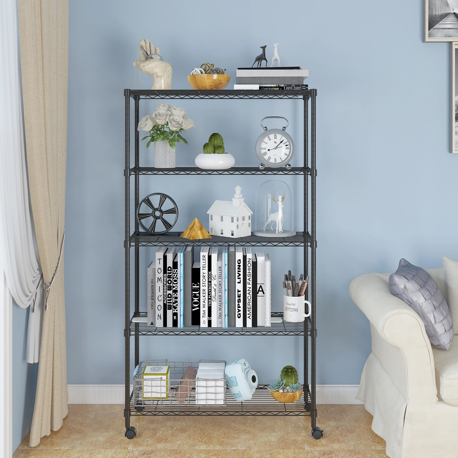 5-Tier Plastic Coated Iron Shelving Unit 165x90x35cm with 1.5" Nylon Wheels Heavy Duty Storage Rack Black view 20