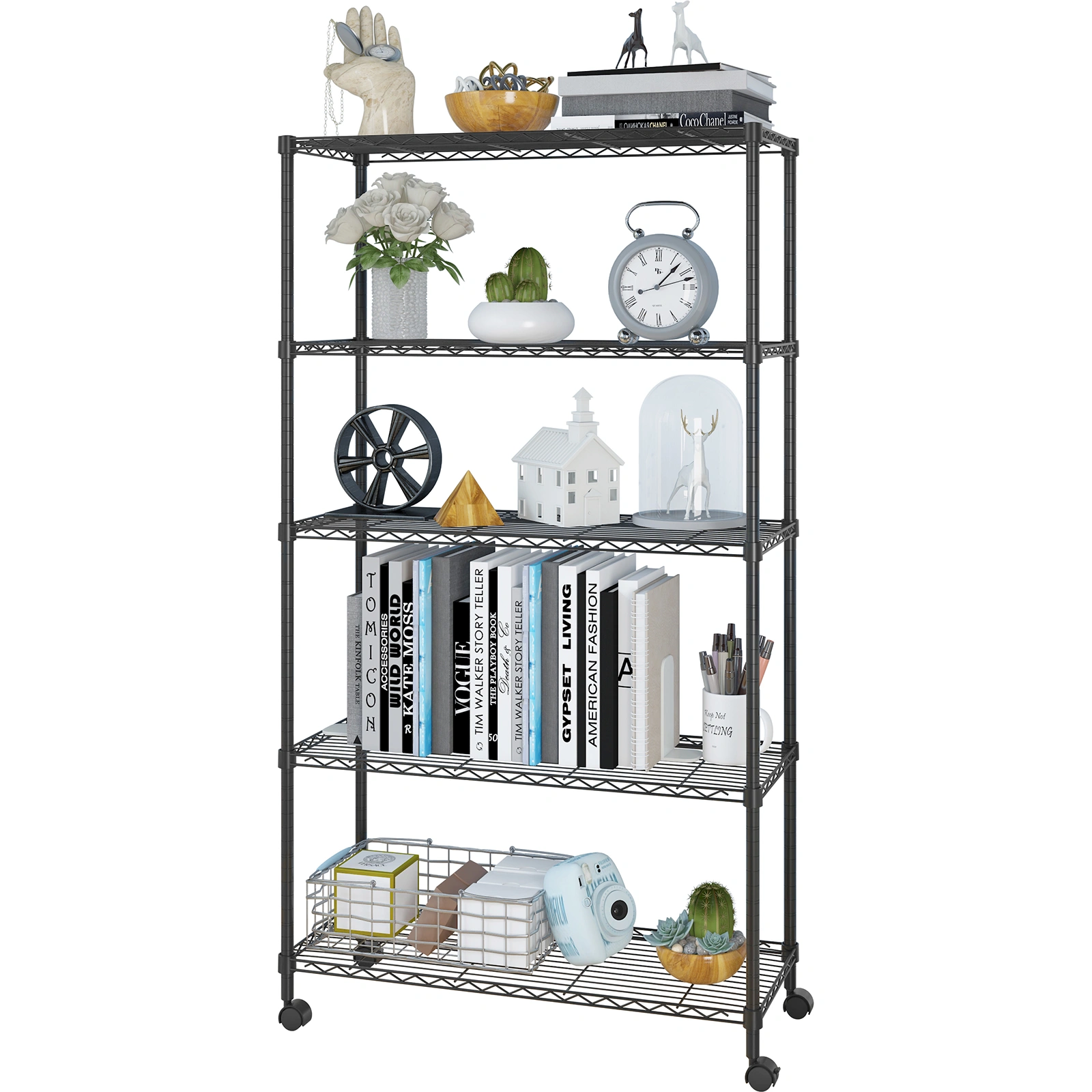5-Tier Plastic Coated Iron Shelving Unit 165x90x35cm with 1.5" Nylon Wheels Heavy Duty Storage Rack Black view 21