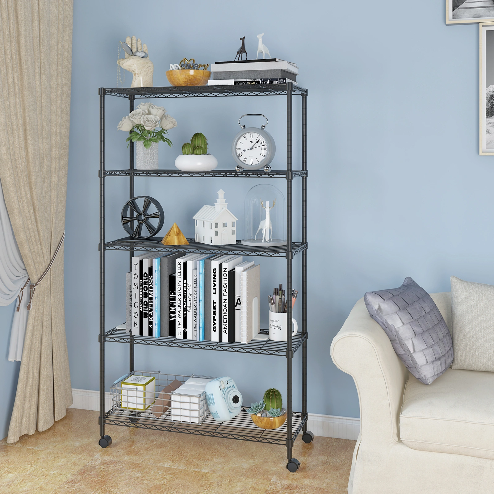 5-Tier Plastic Coated Iron Shelving Unit 165x90x35cm with 1.5" Nylon Wheels Heavy Duty Storage Rack Black view 4