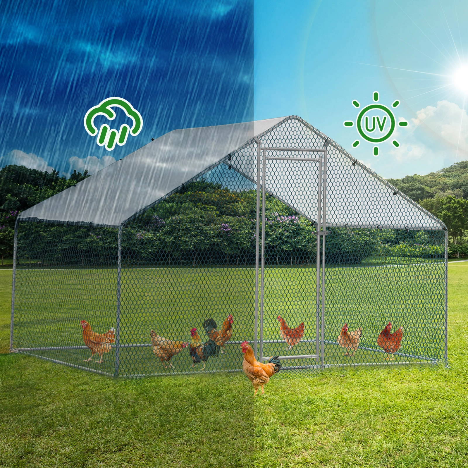 2*2*2m/6.5x6.5x6.5ft Silver Chicken Coop with Pointed Roof, 180g PE Rain Cloth, Metal Chicken and Rabbit Cage view 10
