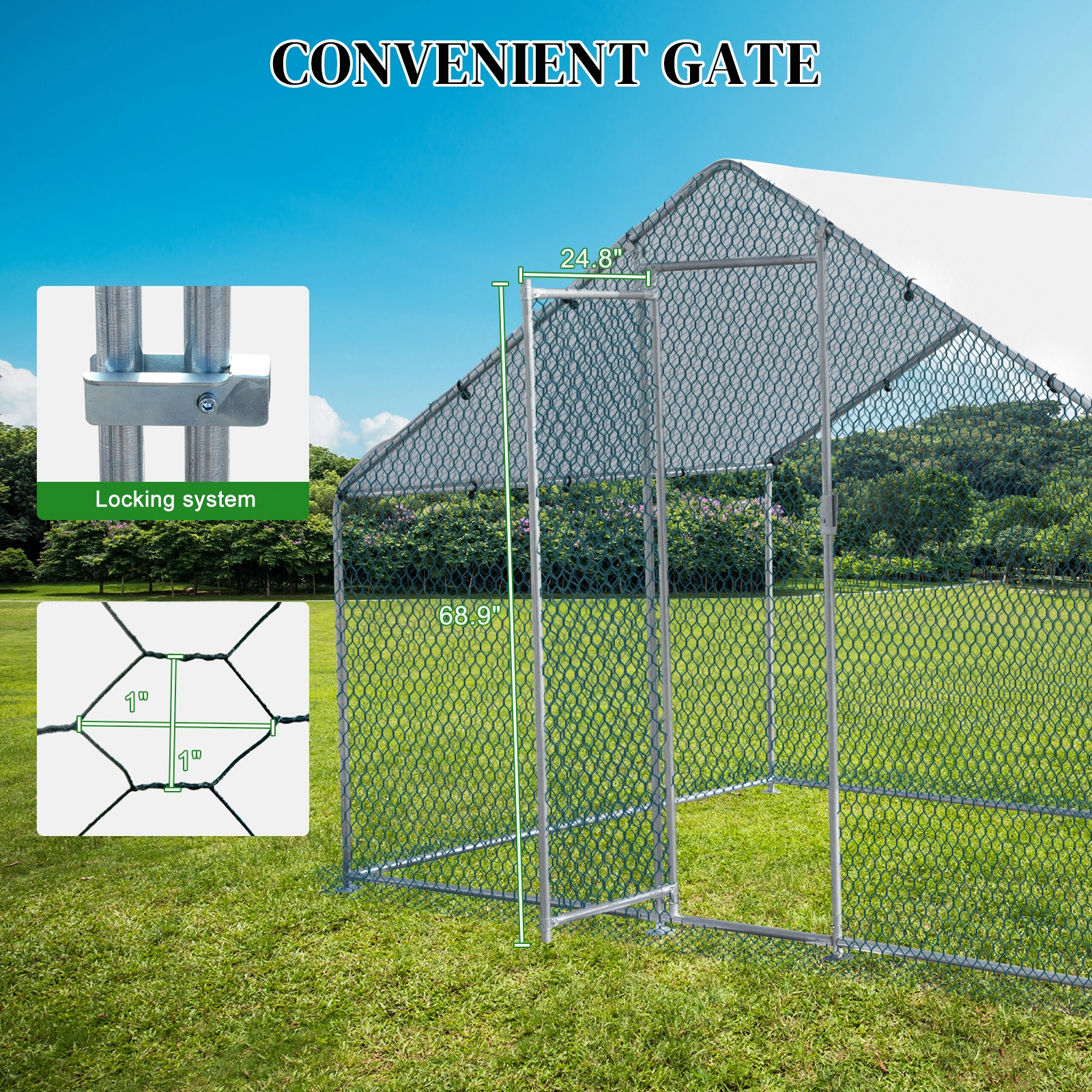 2*2*2m/6.5x6.5x6.5ft Silver Chicken Coop with Pointed Roof, 180g PE Rain Cloth, Metal Chicken and Rabbit Cage view 11
