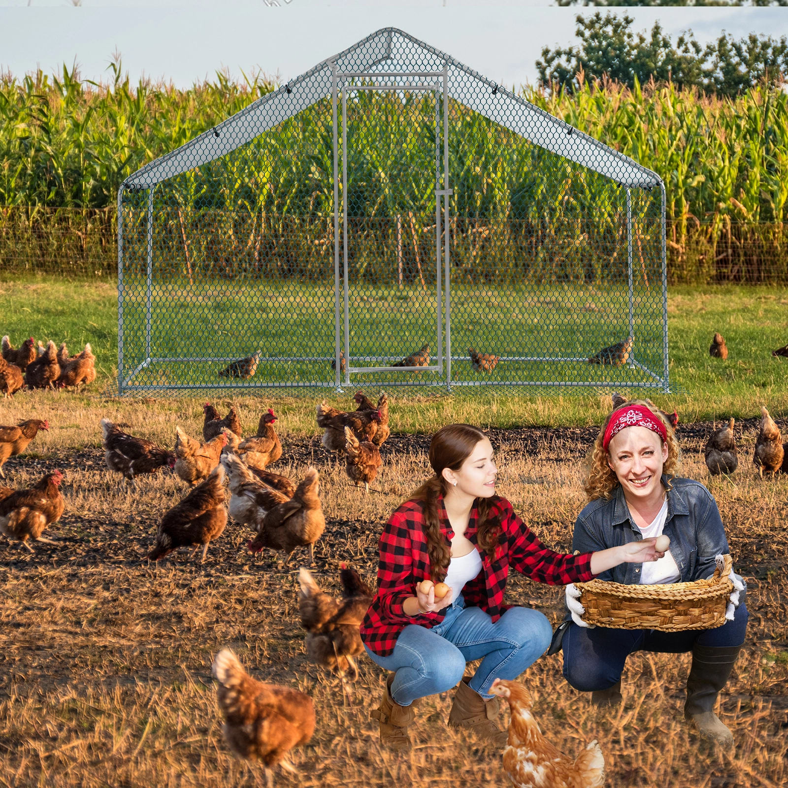 2*2*2m/6.5x6.5x6.5ft Silver Chicken Coop with Pointed Roof, 180g PE Rain Cloth, Metal Chicken and Rabbit Cage view 12