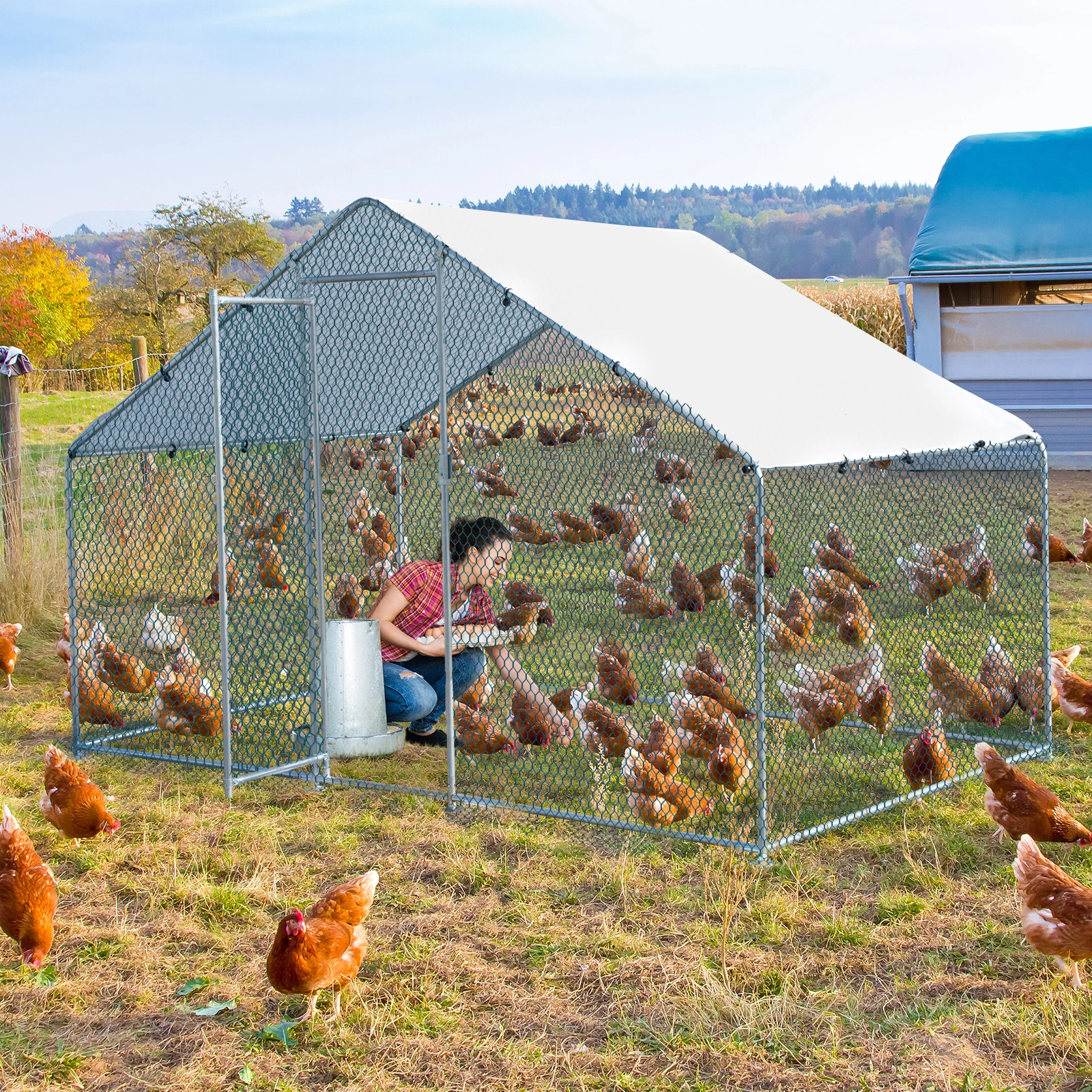 2*2*2m/6.5x6.5x6.5ft Silver Chicken Coop with Pointed Roof, 180g PE Rain Cloth, Metal Chicken and Rabbit Cage view 13