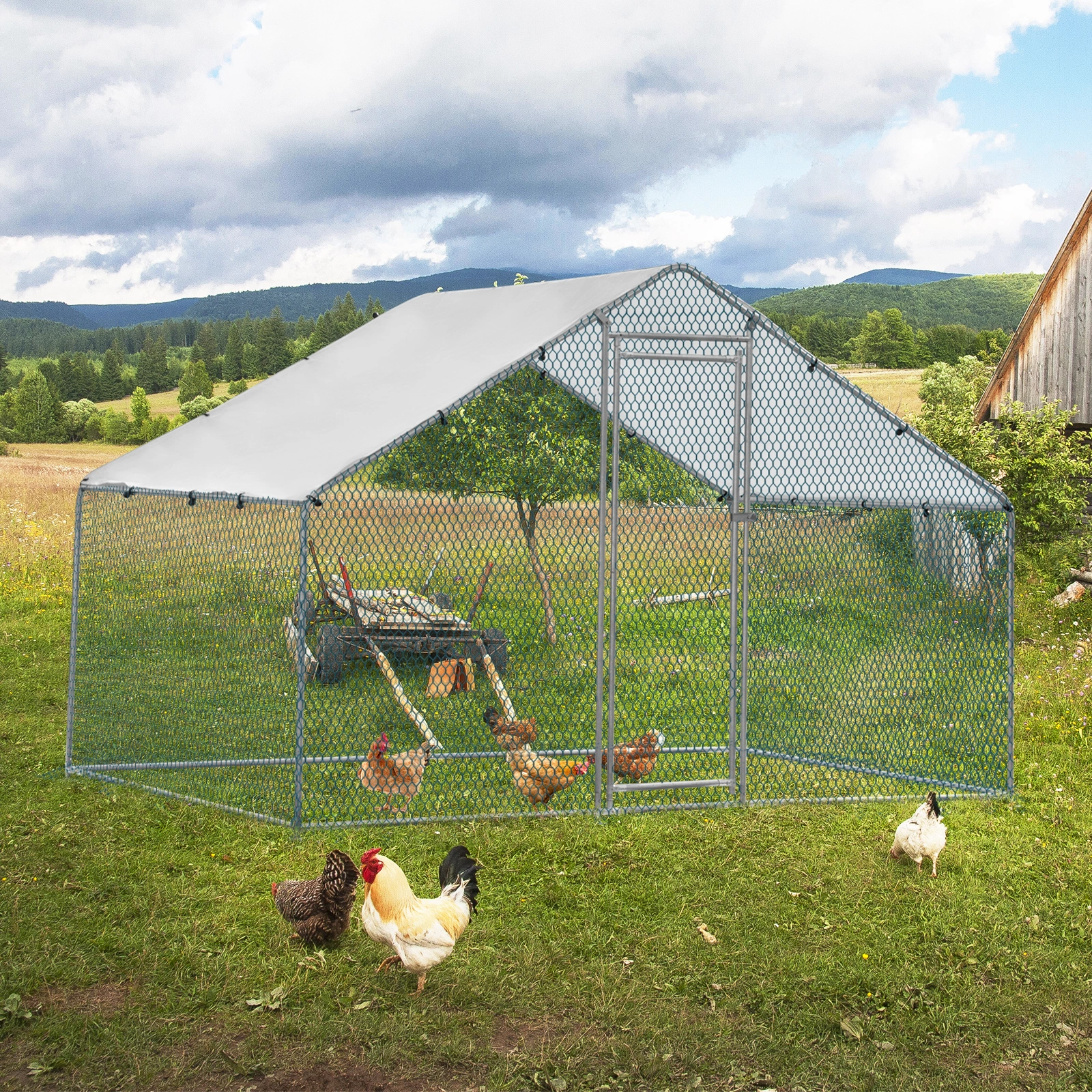 2*2*2m/6.5x6.5x6.5ft Silver Chicken Coop with Pointed Roof, 180g PE Rain Cloth, Metal Chicken and Rabbit Cage view 14
