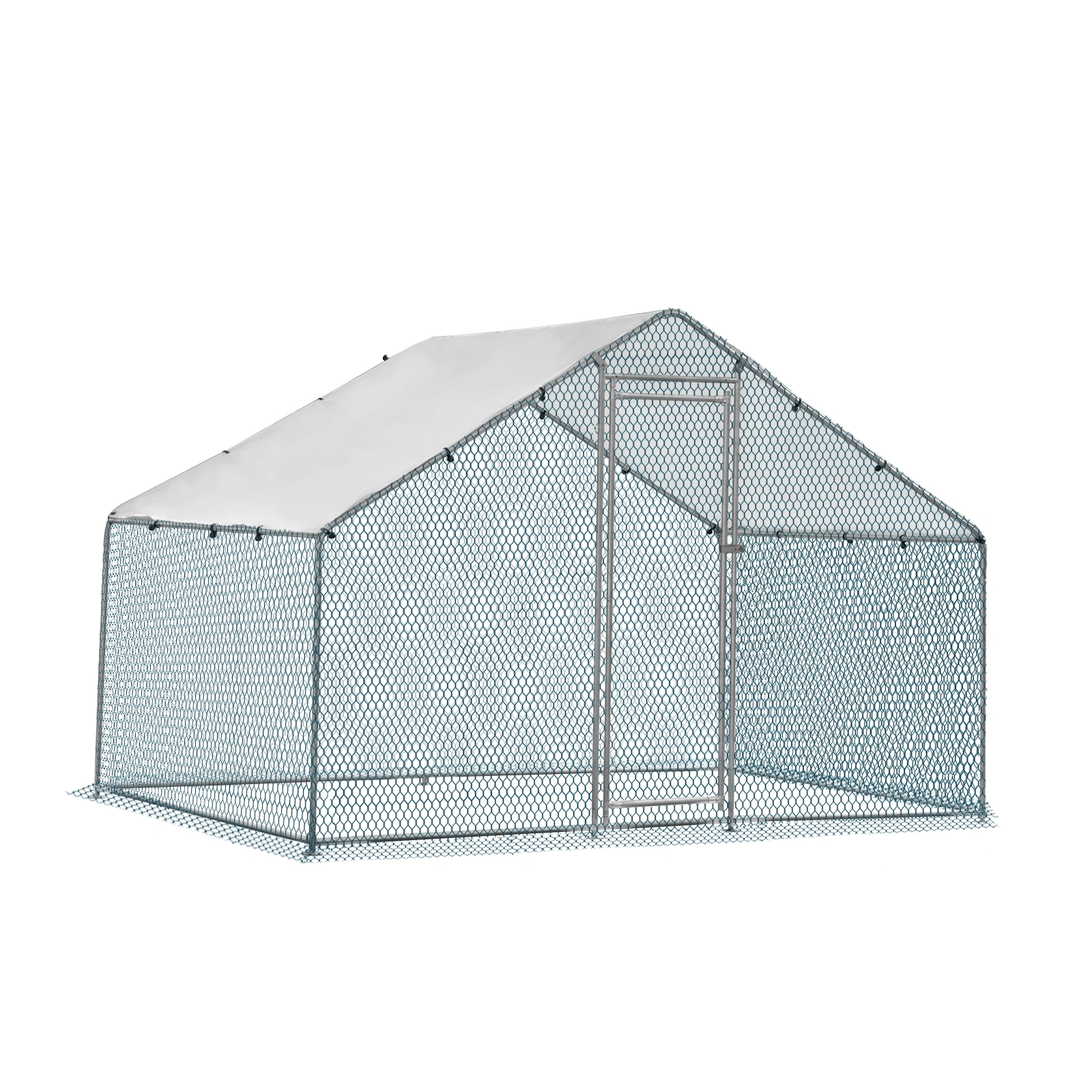 2*2*2m/6.5x6.5x6.5ft Silver Chicken Coop with Pointed Roof, 180g PE Rain Cloth, Metal Chicken and Rabbit Cage view 2