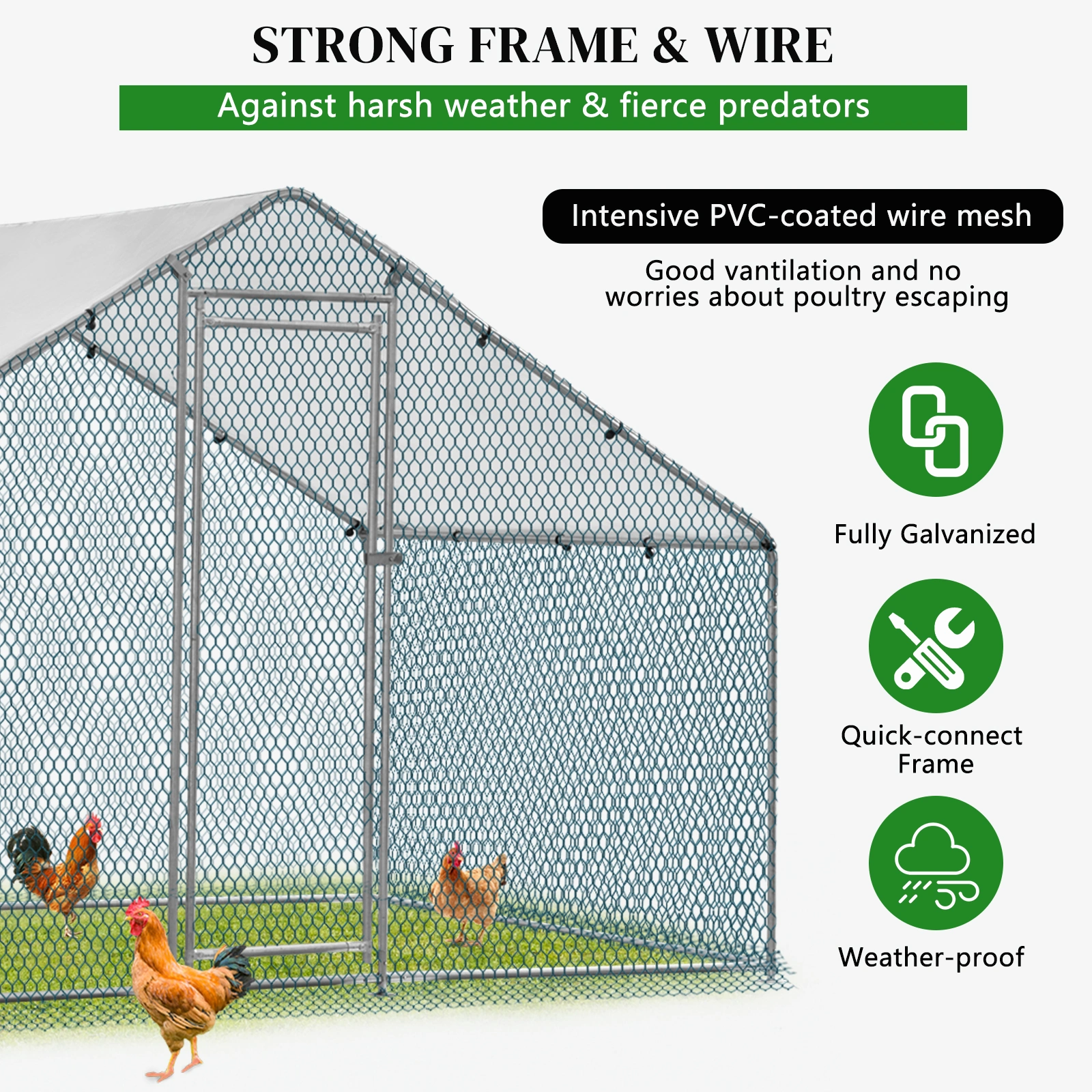 2*2*2m/6.5x6.5x6.5ft Silver Chicken Coop with Pointed Roof, 180g PE Rain Cloth, Metal Chicken and Rabbit Cage view 4