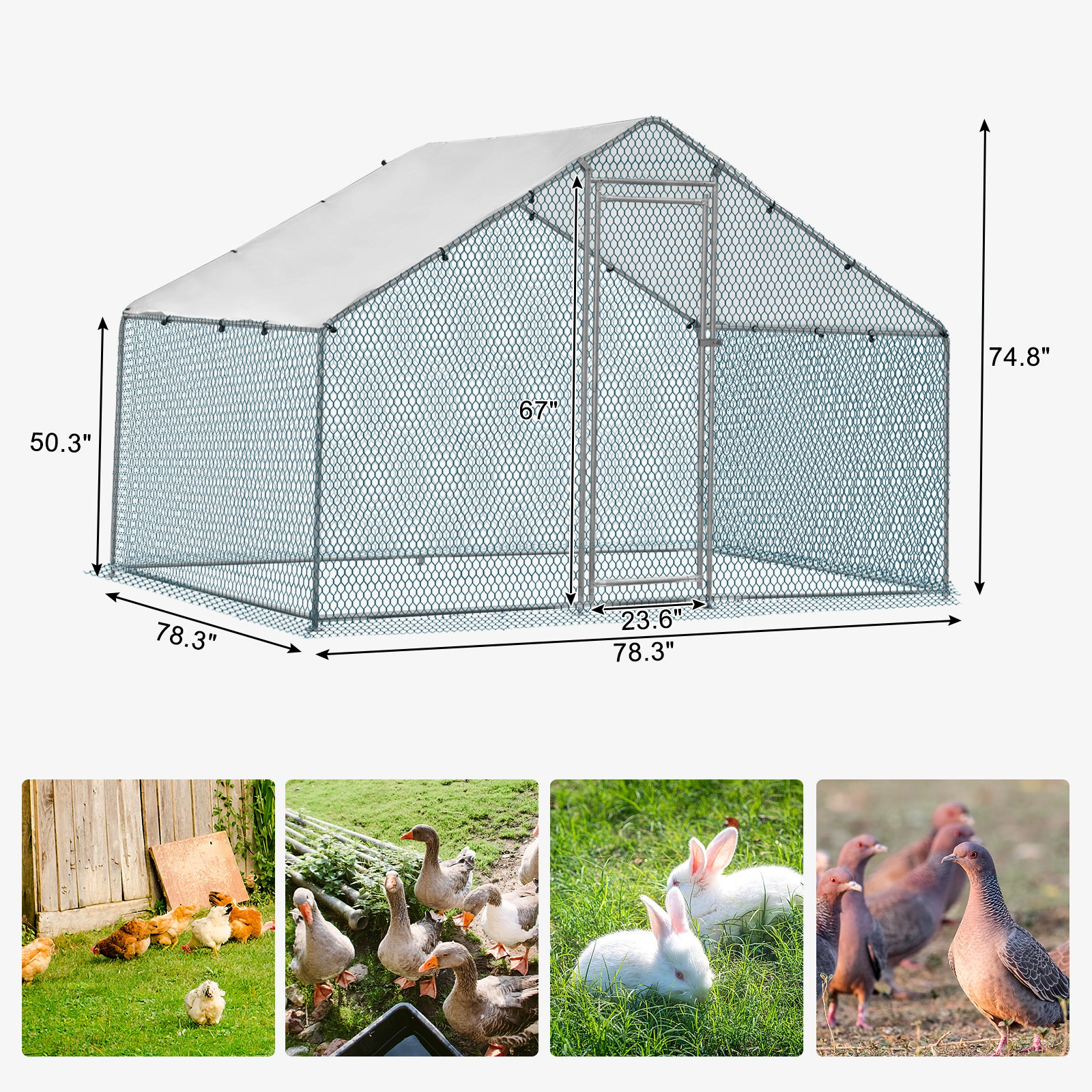 2*2*2m/6.5x6.5x6.5ft Silver Chicken Coop with Pointed Roof, 180g PE Rain Cloth, Metal Chicken and Rabbit Cage view 9
