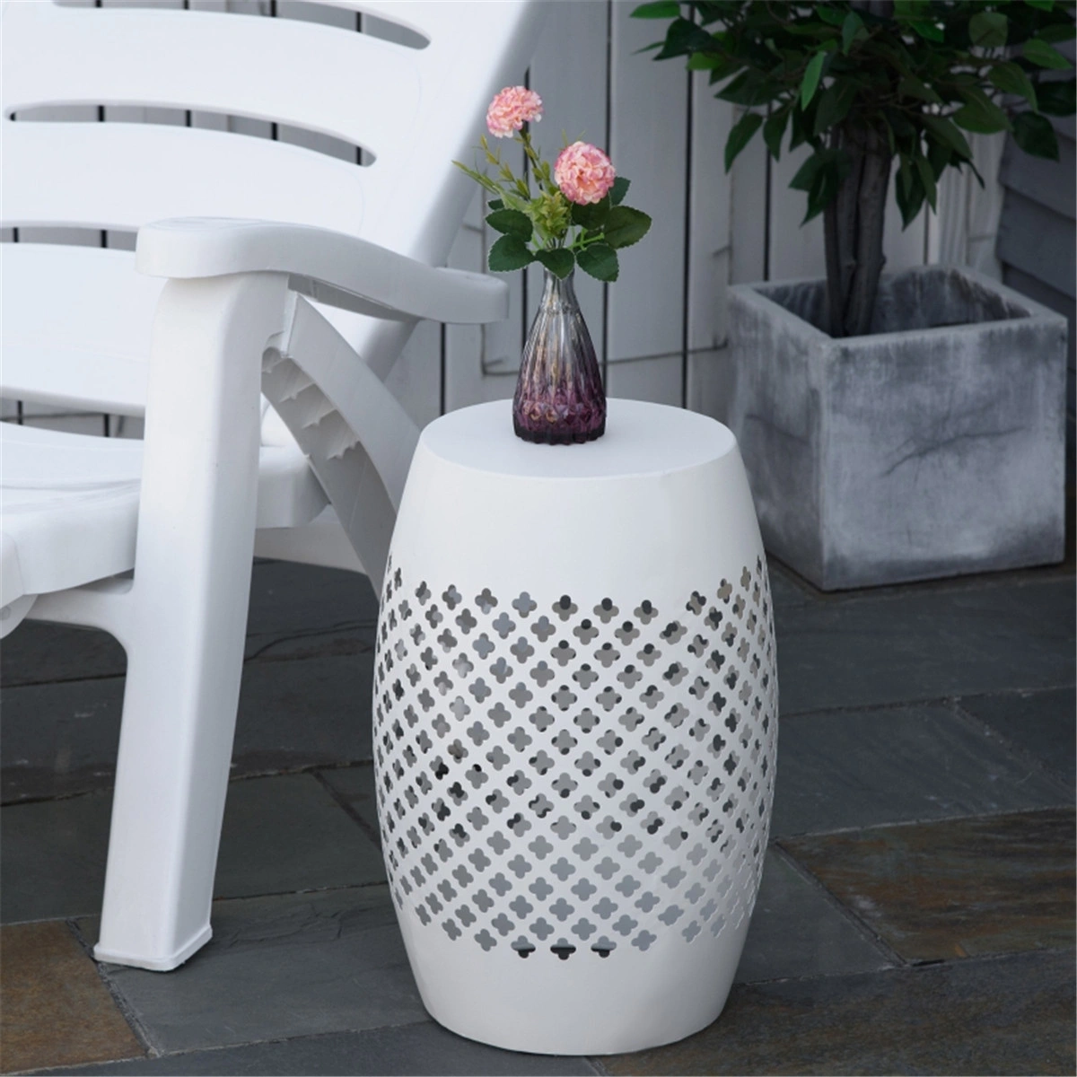 White 12" Round Hollow Drum Patio Table - Outdoor Garden Accent Table for Balcony Deck