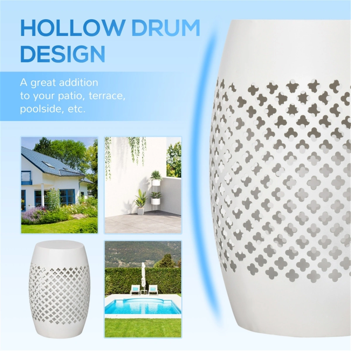 White 12" Round Hollow Drum Patio Table - Outdoor Garden Accent Table for Balcony Deck view 6