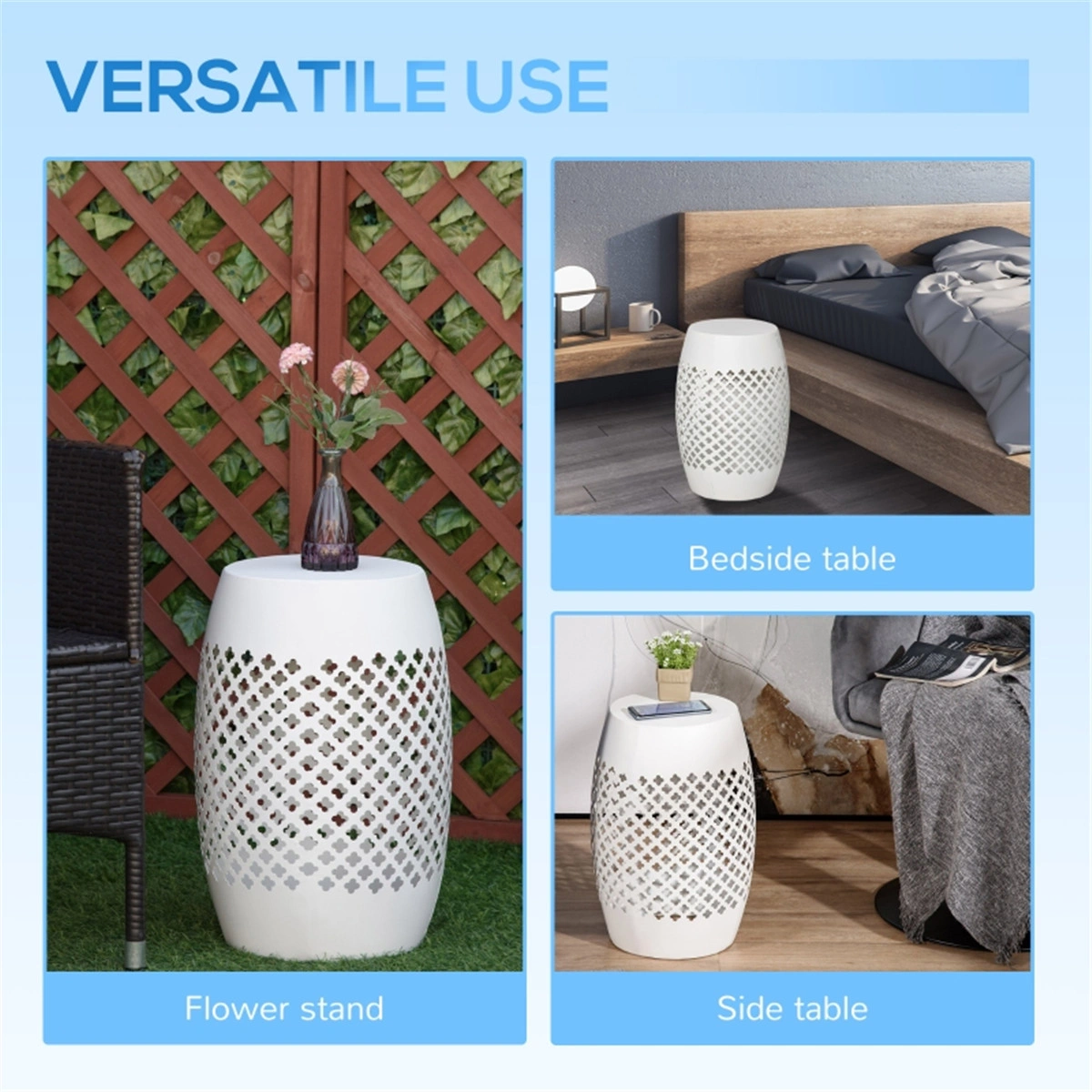 White 12" Round Hollow Drum Patio Table - Outdoor Garden Accent Table for Balcony Deck view 7