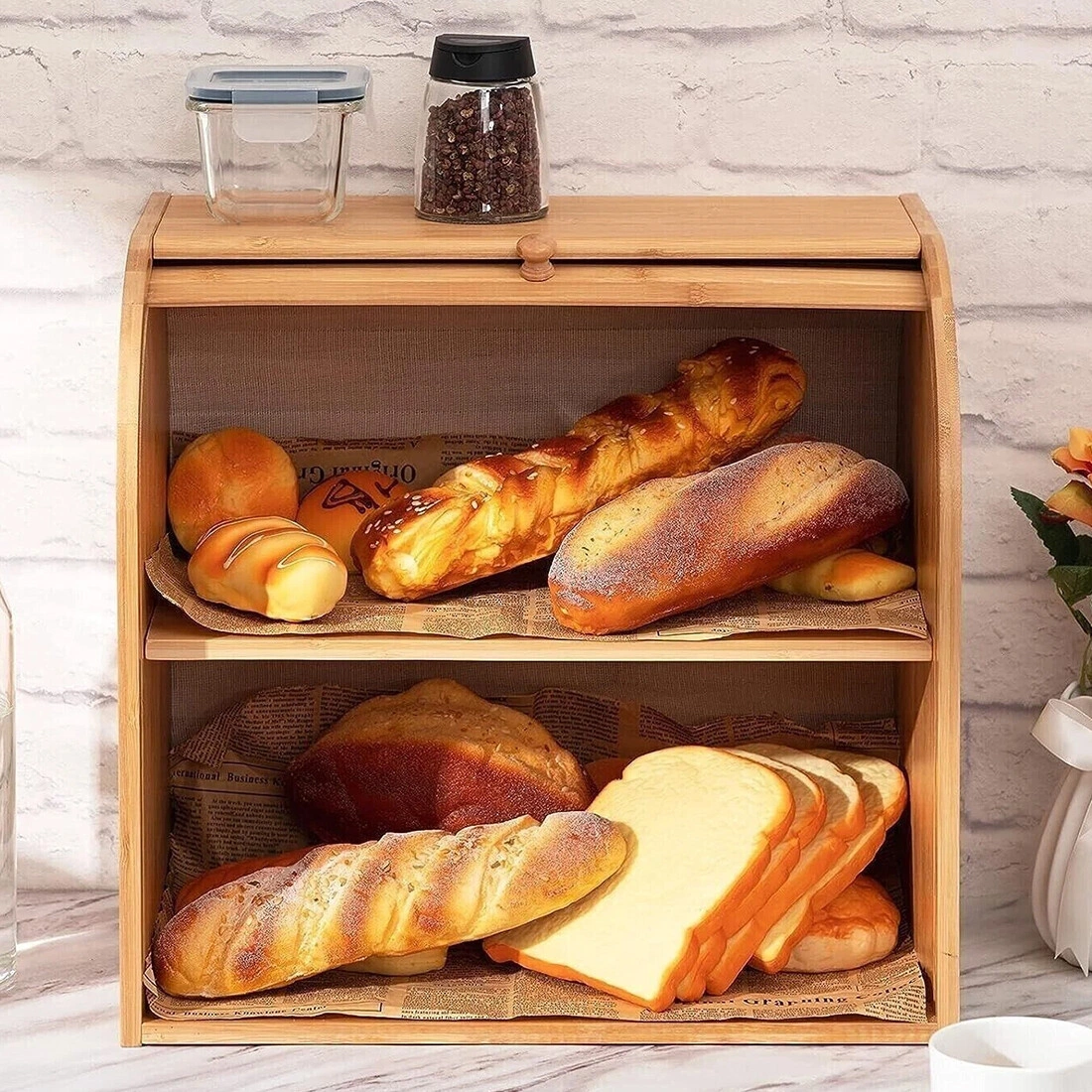 Bread Bin 2 Tier Double Layer Roll Top Food Storage Container Kitchen Organizer Rack Countertop view 2