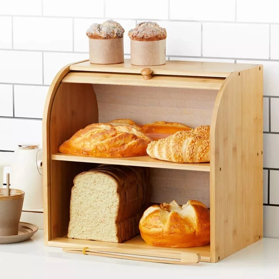 Bread Bin 2 Tier Double Layer Roll Top Food Storage Container Kitchen Organizer Rack Countertop view 5