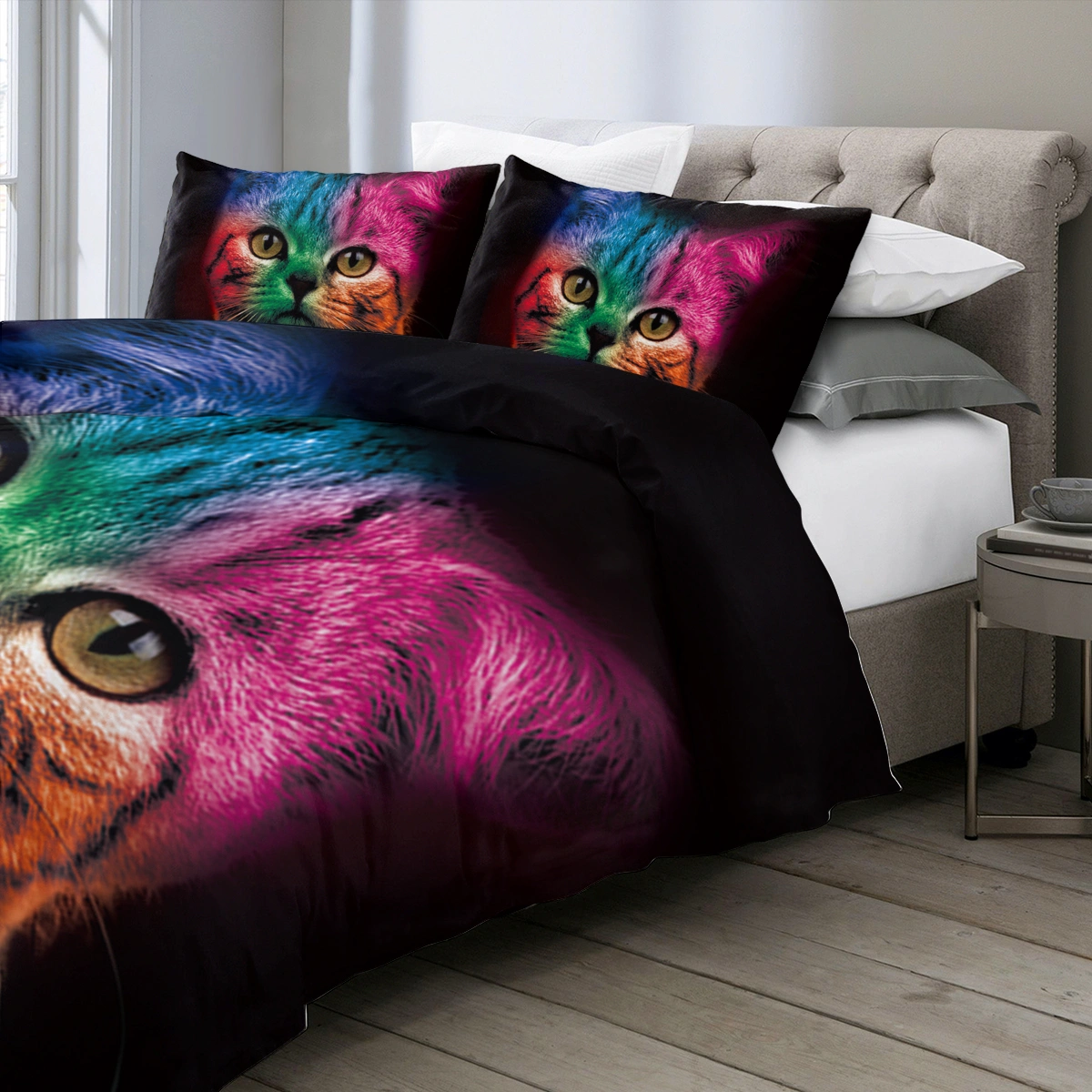 Bold Color Black Cat Pattern Duvet Cover Set 3 Piece Kids Quilt Cover Bedspread Double Bed Cute Colorful Animal Bedding Girls Boys view 2