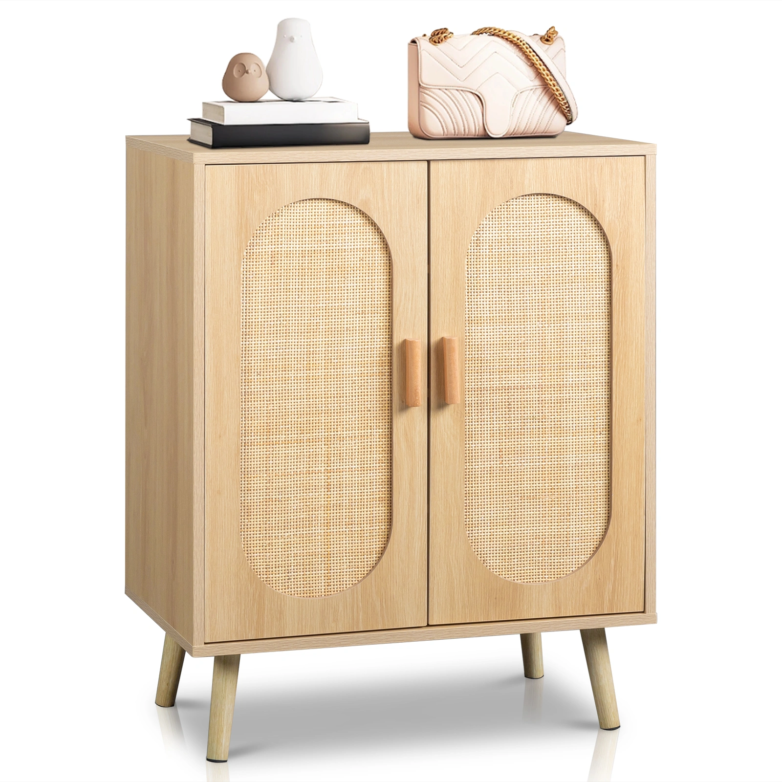 Modern Rattan Shoe Storage Cabinet with Double Doors and Adjustable Shelves, Accent Cabinet for Living Room, Bedroom, Hallway view 10