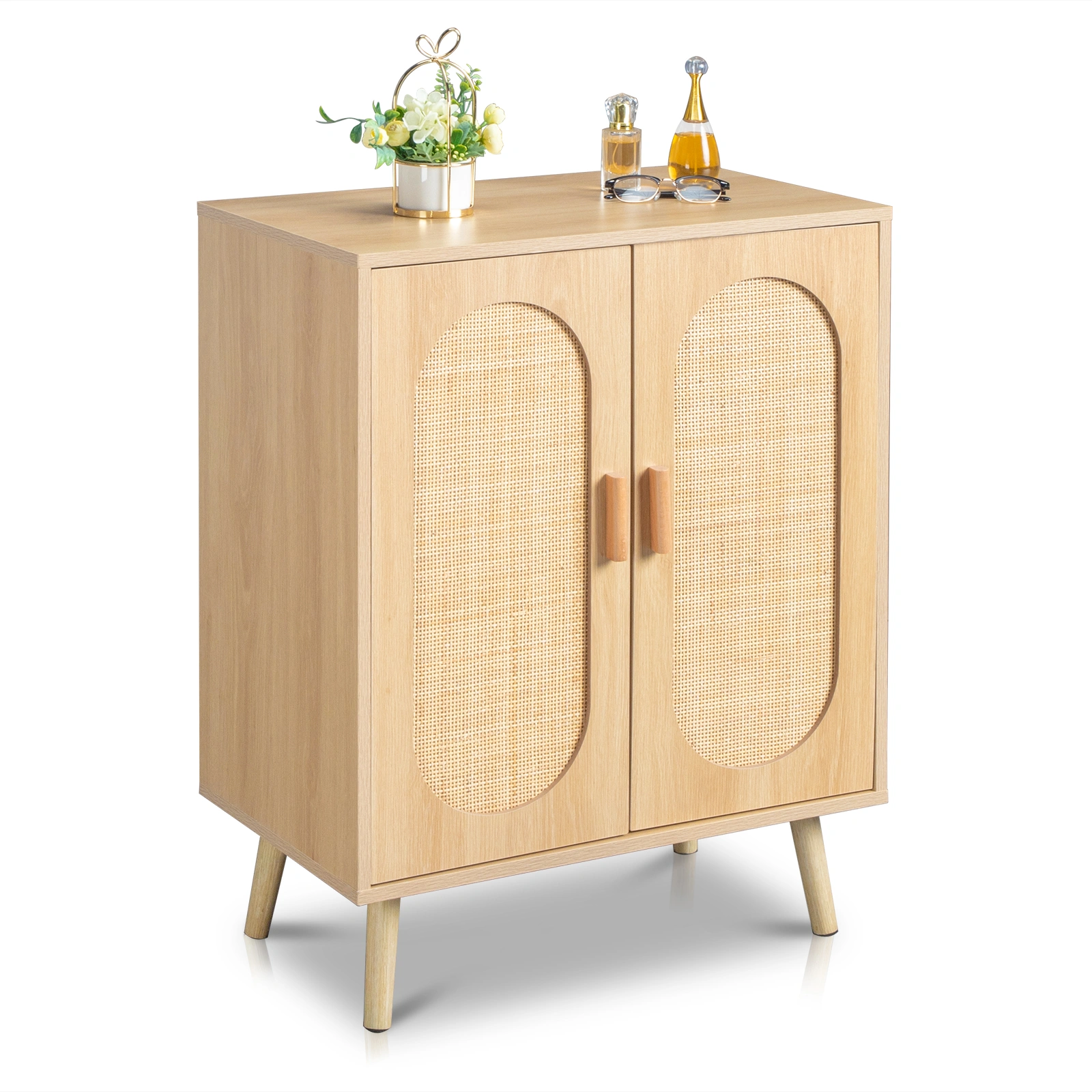Modern Rattan Shoe Storage Cabinet with Double Doors and Adjustable Shelves, Accent Cabinet for Living Room, Bedroom, Hallway view 13