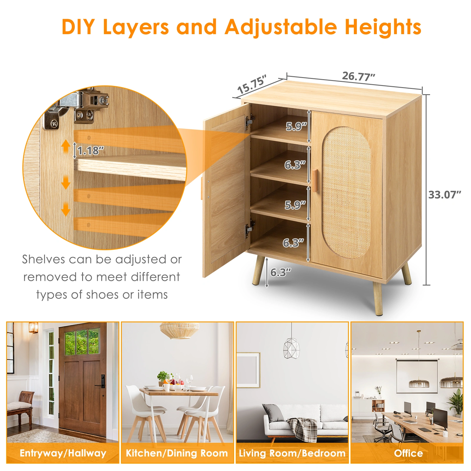Modern Rattan Shoe Storage Cabinet with Double Doors and Adjustable Shelves, Accent Cabinet for Living Room, Bedroom, Hallway view 14