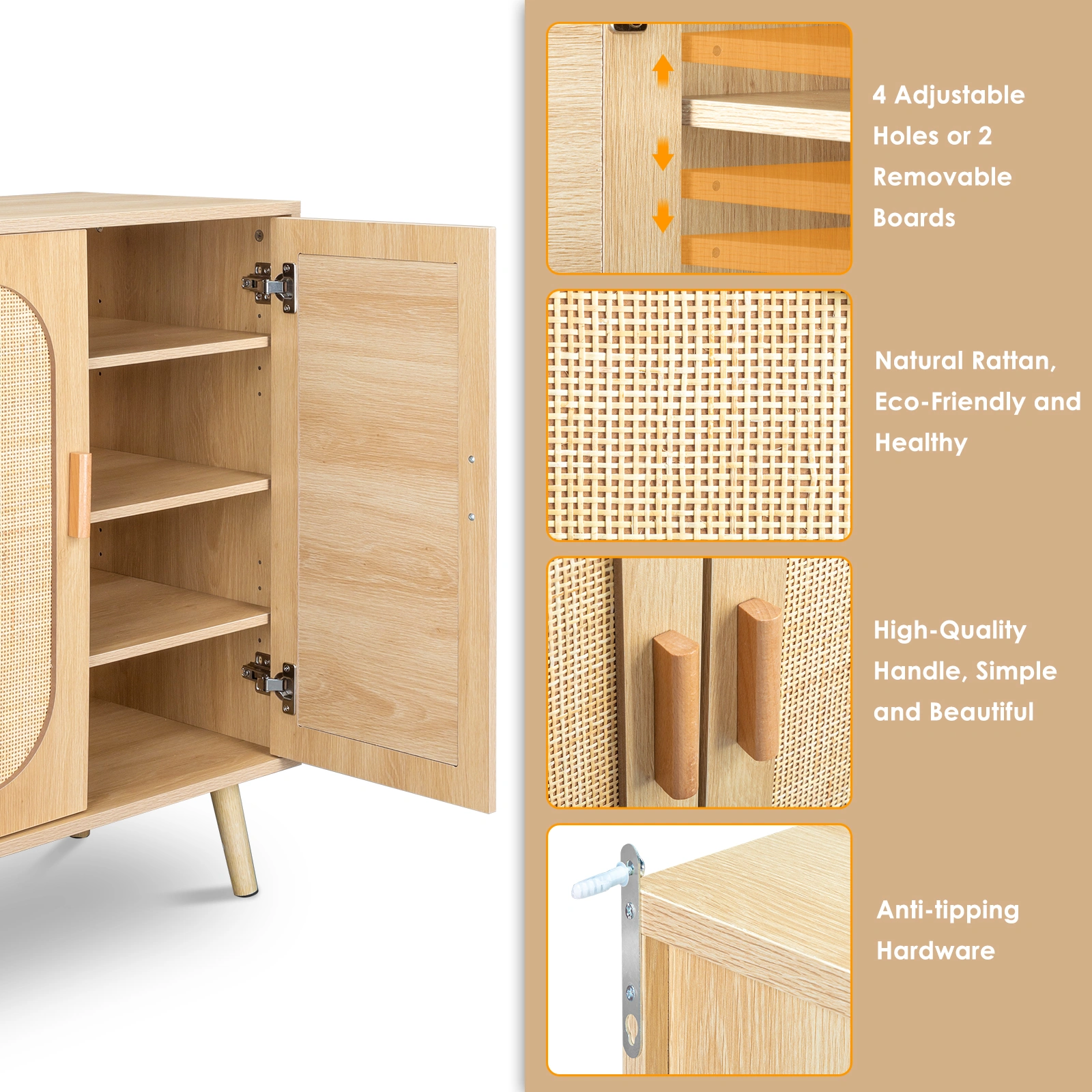 Modern Rattan Shoe Storage Cabinet with Double Doors and Adjustable Shelves, Accent Cabinet for Living Room, Bedroom, Hallway view 15