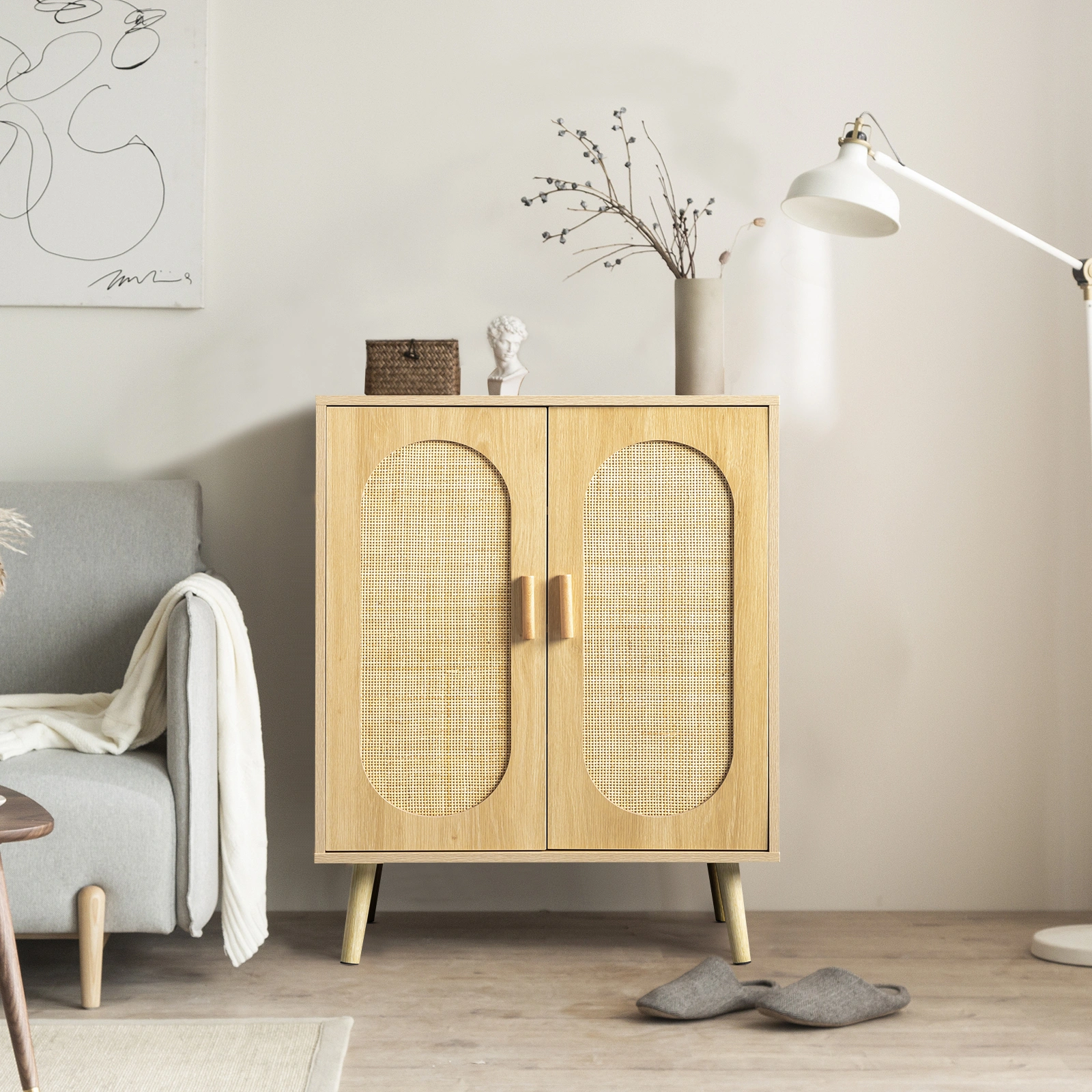 Modern Rattan Shoe Storage Cabinet with Double Doors and Adjustable Shelves, Accent Cabinet for Living Room, Bedroom, Hallway view 16
