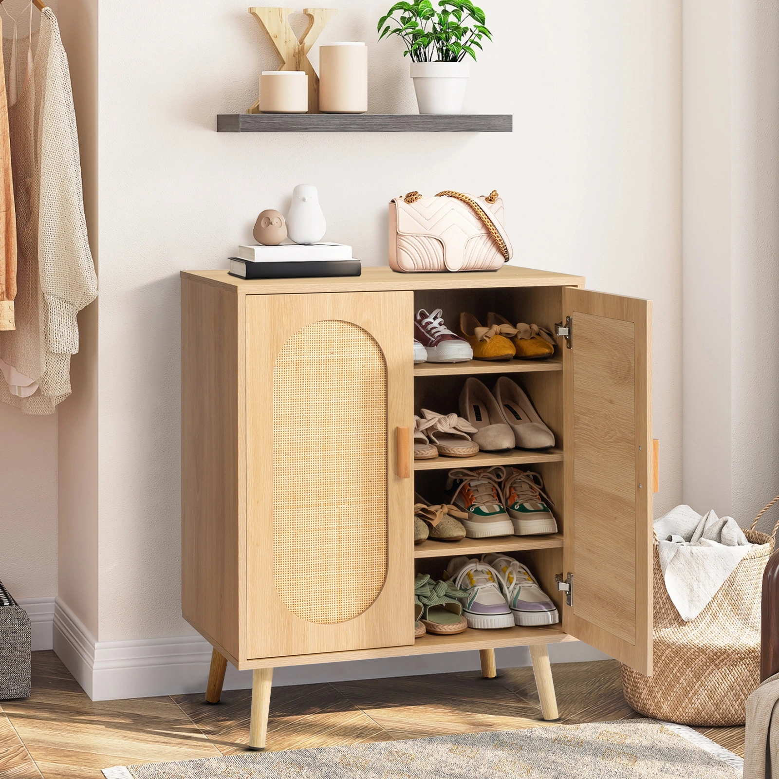 Modern Rattan Shoe Storage Cabinet with Double Doors and Adjustable Shelves, Accent Cabinet for Living Room, Bedroom, Hallway view 18