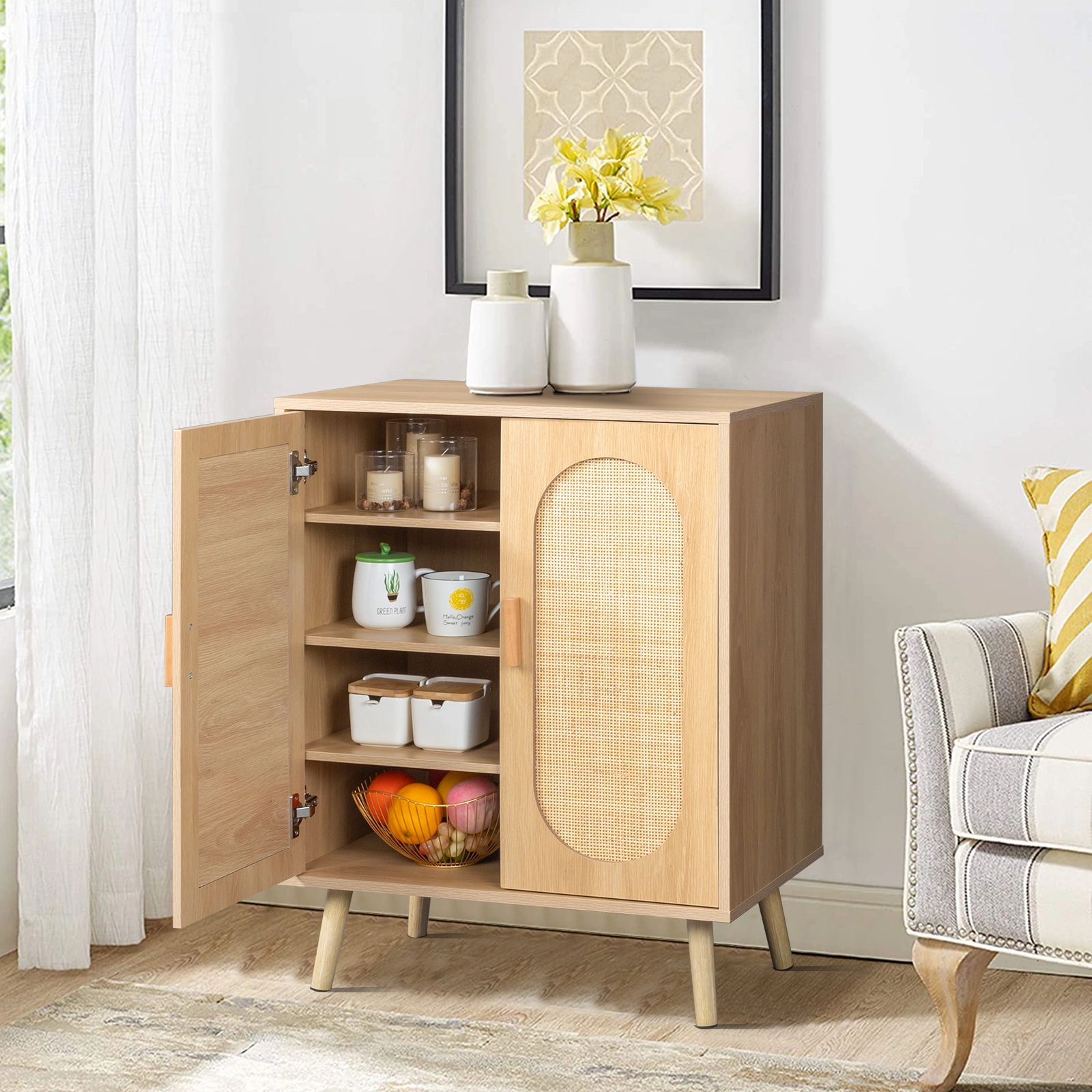 Modern Rattan Shoe Storage Cabinet with Double Doors and Adjustable Shelves, Accent Cabinet for Living Room, Bedroom, Hallway view 19