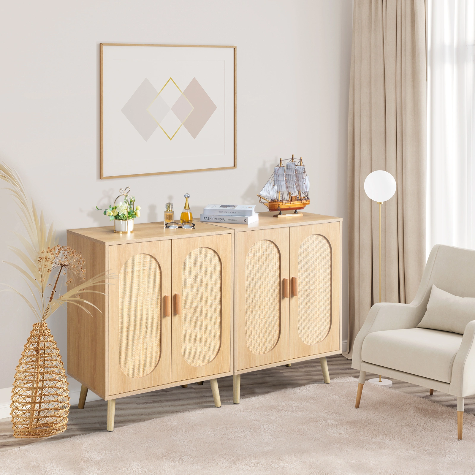 Modern Rattan Shoe Storage Cabinet with Double Doors and Adjustable Shelves, Accent Cabinet for Living Room, Bedroom, Hallway view 20
