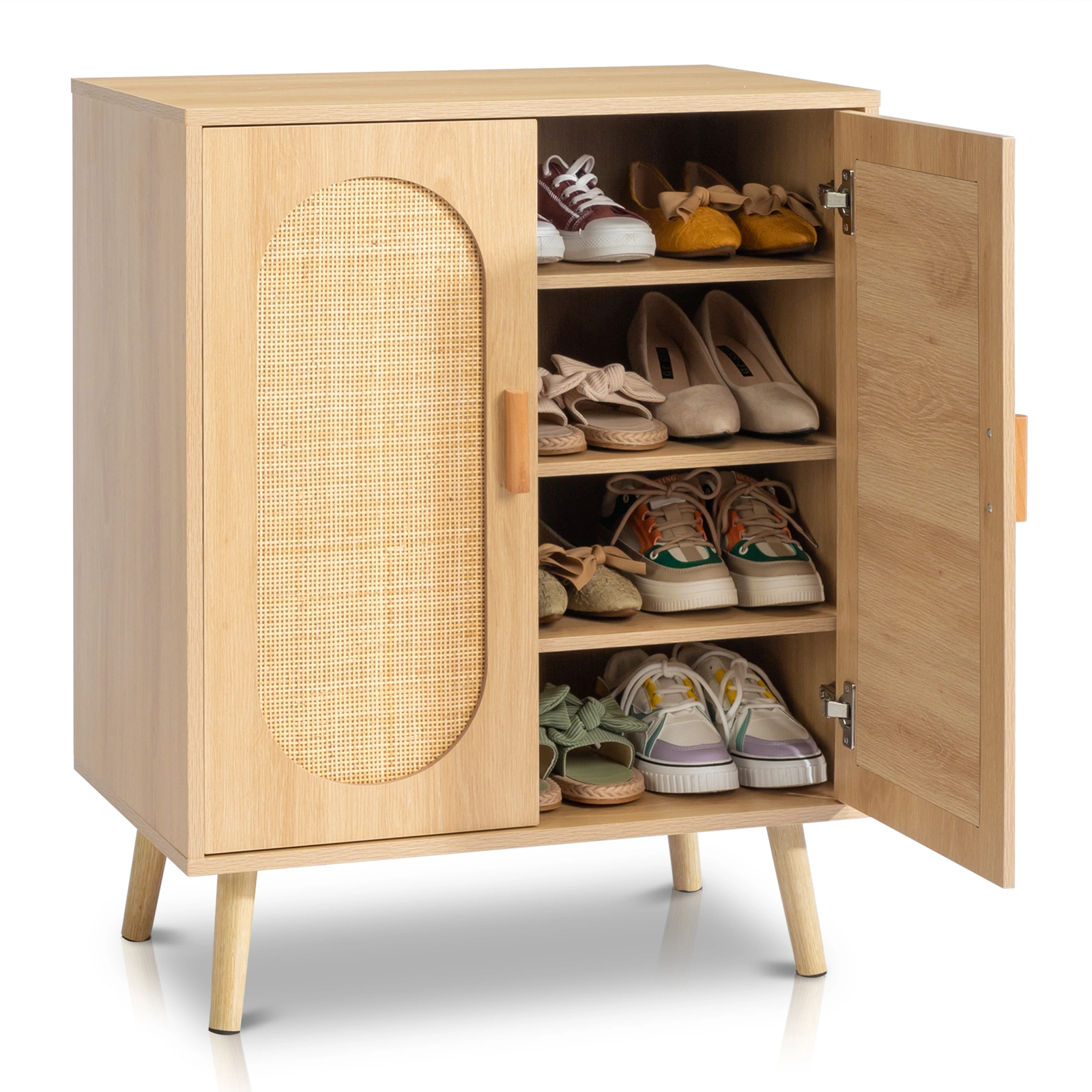 Modern Rattan Shoe Storage Cabinet with Double Doors and Adjustable Shelves, Accent Cabinet for Living Room, Bedroom, Hallway view 7