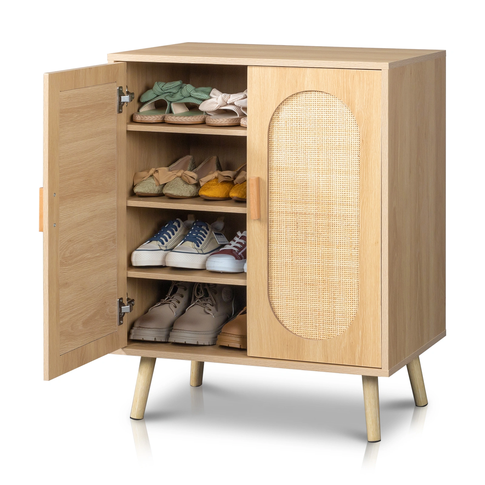 Modern Rattan Shoe Storage Cabinet with Double Doors and Adjustable Shelves, Accent Cabinet for Living Room, Bedroom, Hallway view 9