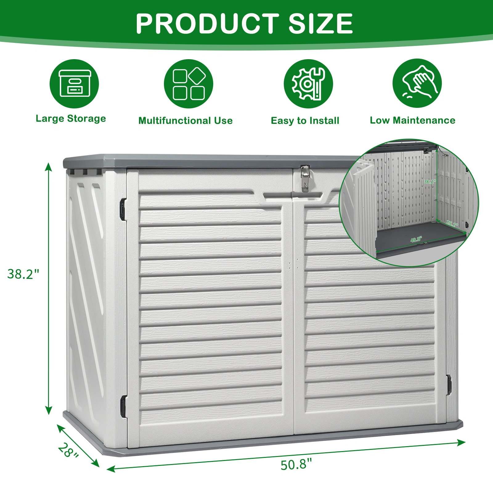Outdoor Storage Shed, 34 Cu Ft Horizontal Outdoor Storage Cabinet, Lockable Outdoor Storage Box for Garbage Cans, Lawn Mower and Tools, Grey & White view 10