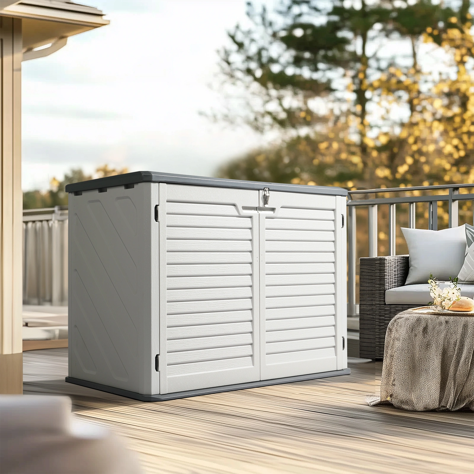 Outdoor Storage Shed, 34 Cu Ft Horizontal Outdoor Storage Cabinet, Lockable Outdoor Storage Box for Garbage Cans, Lawn Mower and Tools, Grey & White view 11