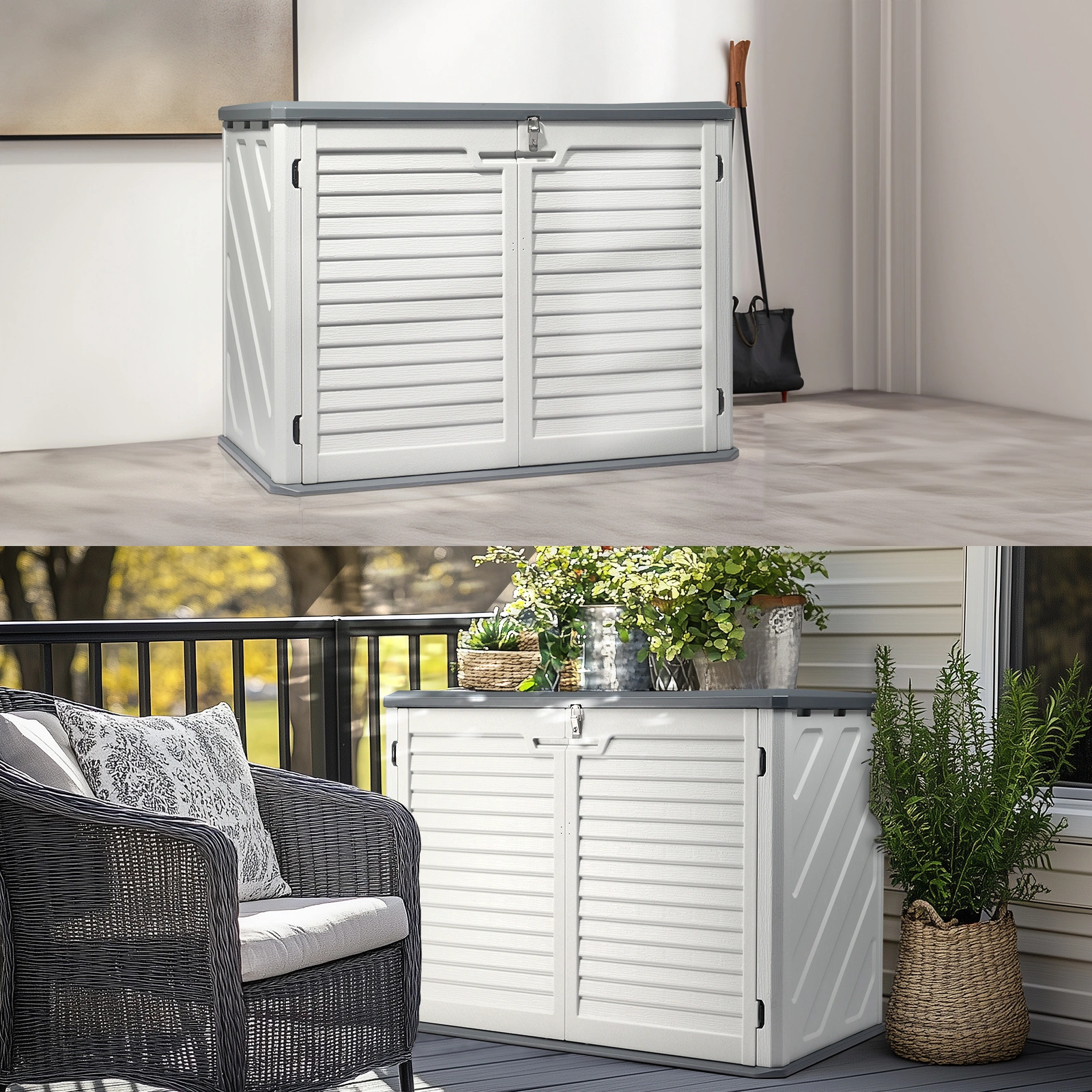 Outdoor Storage Shed, 34 Cu Ft Horizontal Outdoor Storage Cabinet, Lockable Outdoor Storage Box for Garbage Cans, Lawn Mower and Tools, Grey & White view 12