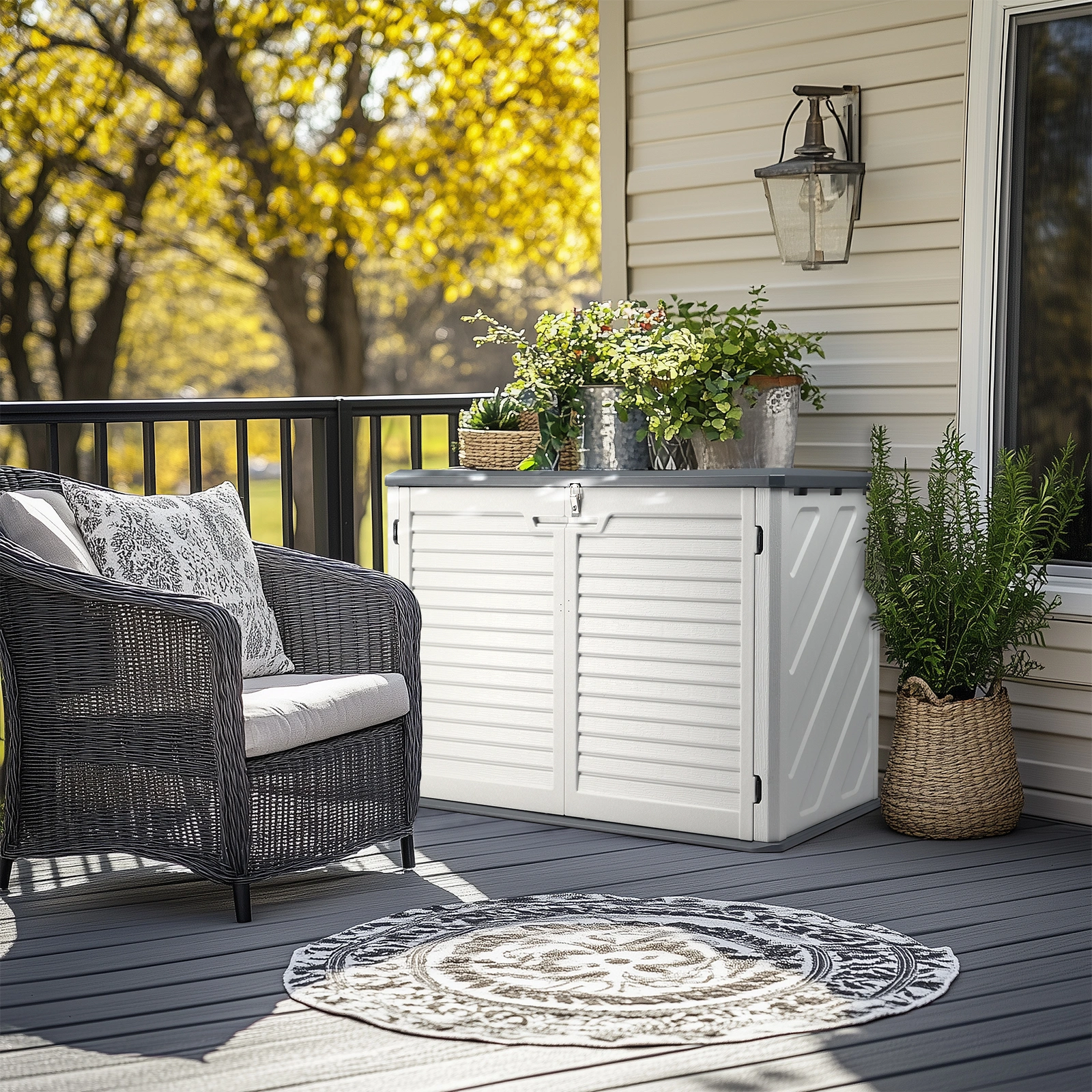 Outdoor Storage Shed, 34 Cu Ft Horizontal Outdoor Storage Cabinet, Lockable Outdoor Storage Box for Garbage Cans, Lawn Mower and Tools, Grey & White view 13