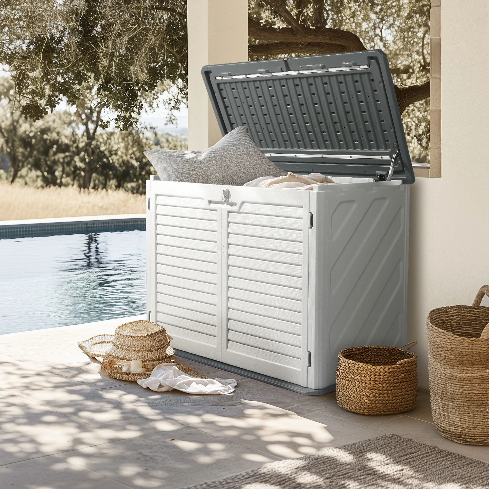 Outdoor Storage Shed, 34 Cu Ft Horizontal Outdoor Storage Cabinet, Lockable Outdoor Storage Box for Garbage Cans, Lawn Mower and Tools, Grey & White view 14