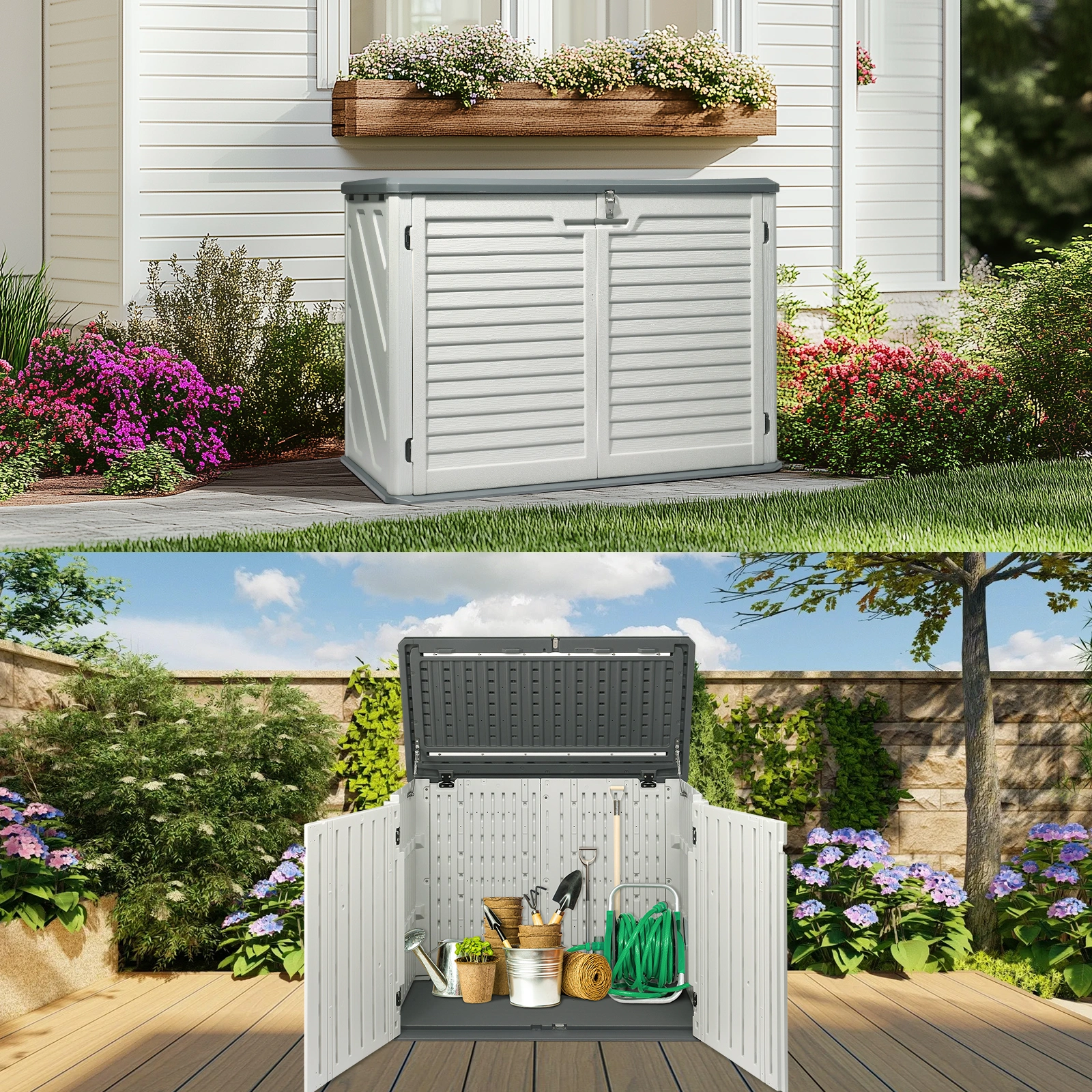 Outdoor Storage Shed, 34 Cu Ft Horizontal Outdoor Storage Cabinet, Lockable Outdoor Storage Box for Garbage Cans, Lawn Mower and Tools, Grey & White view 15
