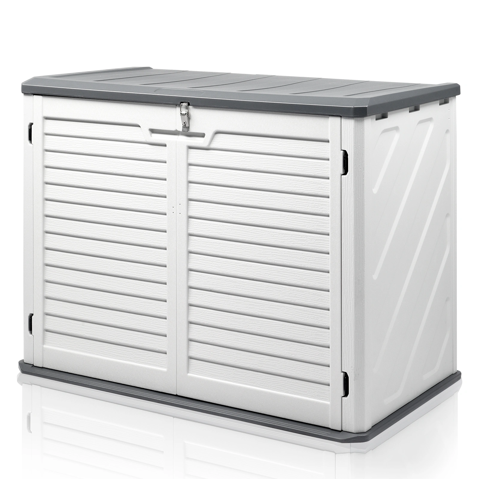 Outdoor Storage Shed, 34 Cu Ft Horizontal Outdoor Storage Cabinet, Lockable Outdoor Storage Box for Garbage Cans, Lawn Mower and Tools, Grey & White view 2
