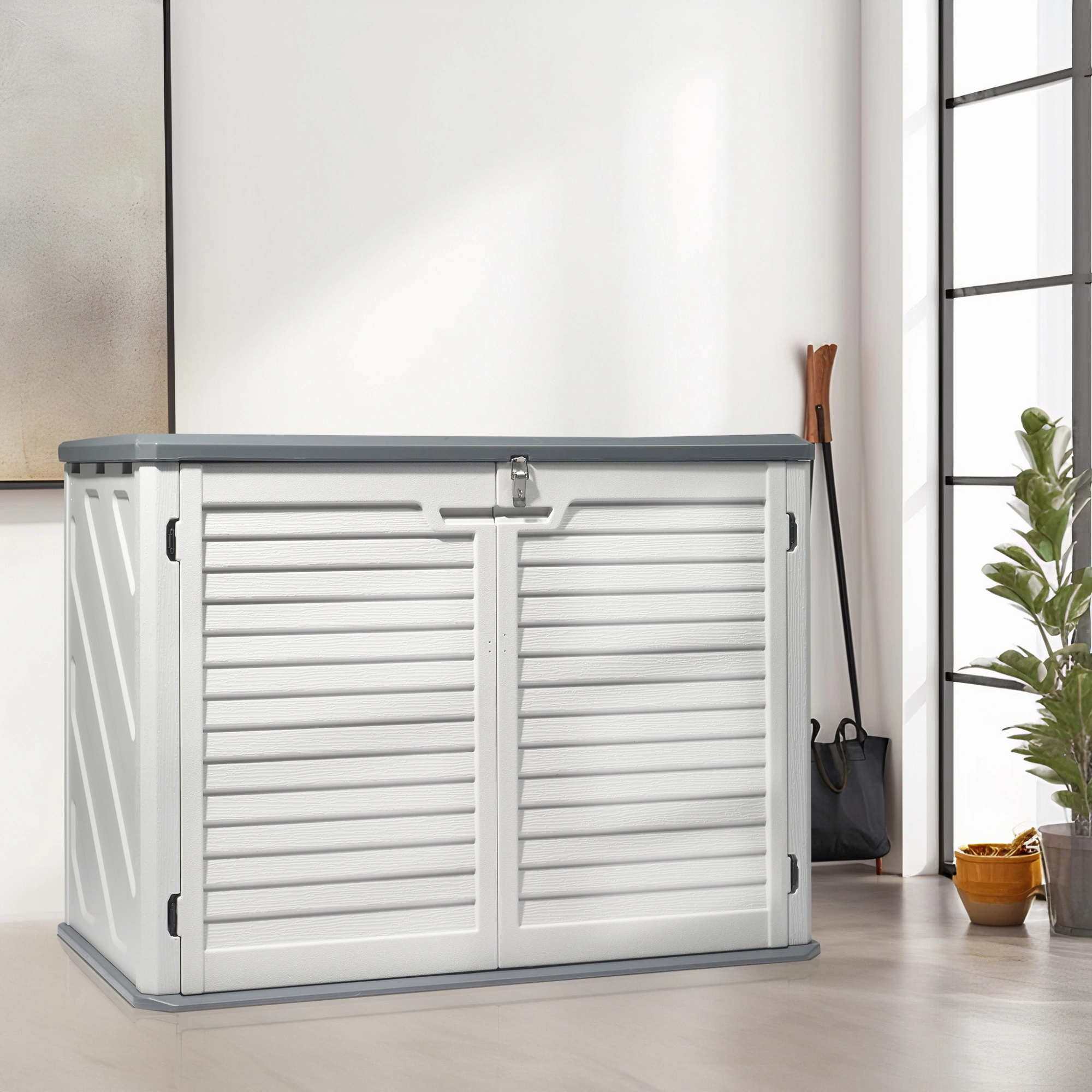 Outdoor Storage Shed, 34 Cu Ft Horizontal Outdoor Storage Cabinet, Lockable Outdoor Storage Box for Garbage Cans, Lawn Mower and Tools, Grey & White view 3