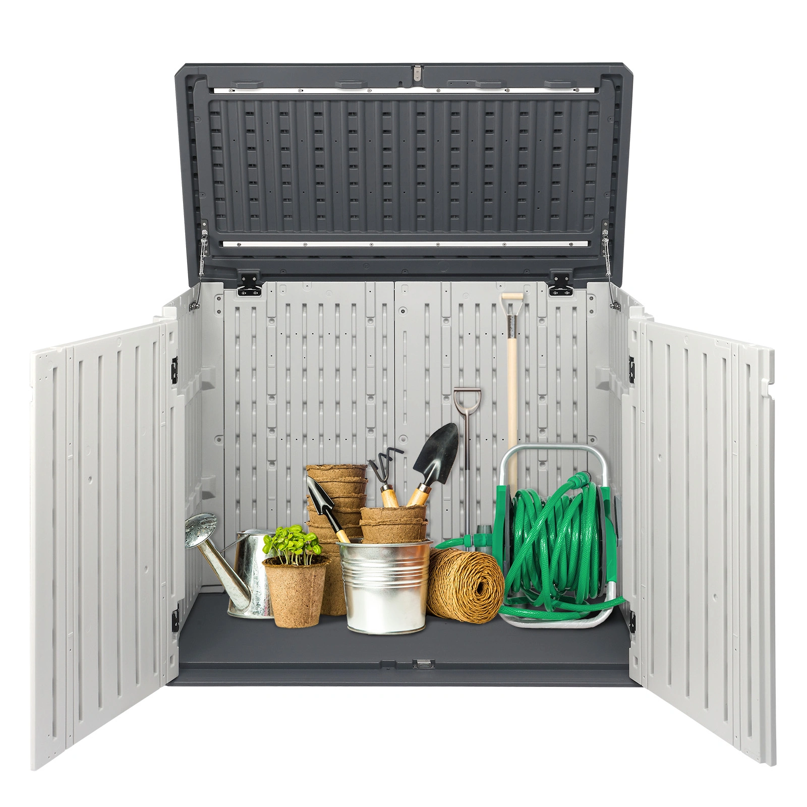Outdoor Storage Shed, 34 Cu Ft Horizontal Outdoor Storage Cabinet, Lockable Outdoor Storage Box for Garbage Cans, Lawn Mower and Tools, Grey & White view 4