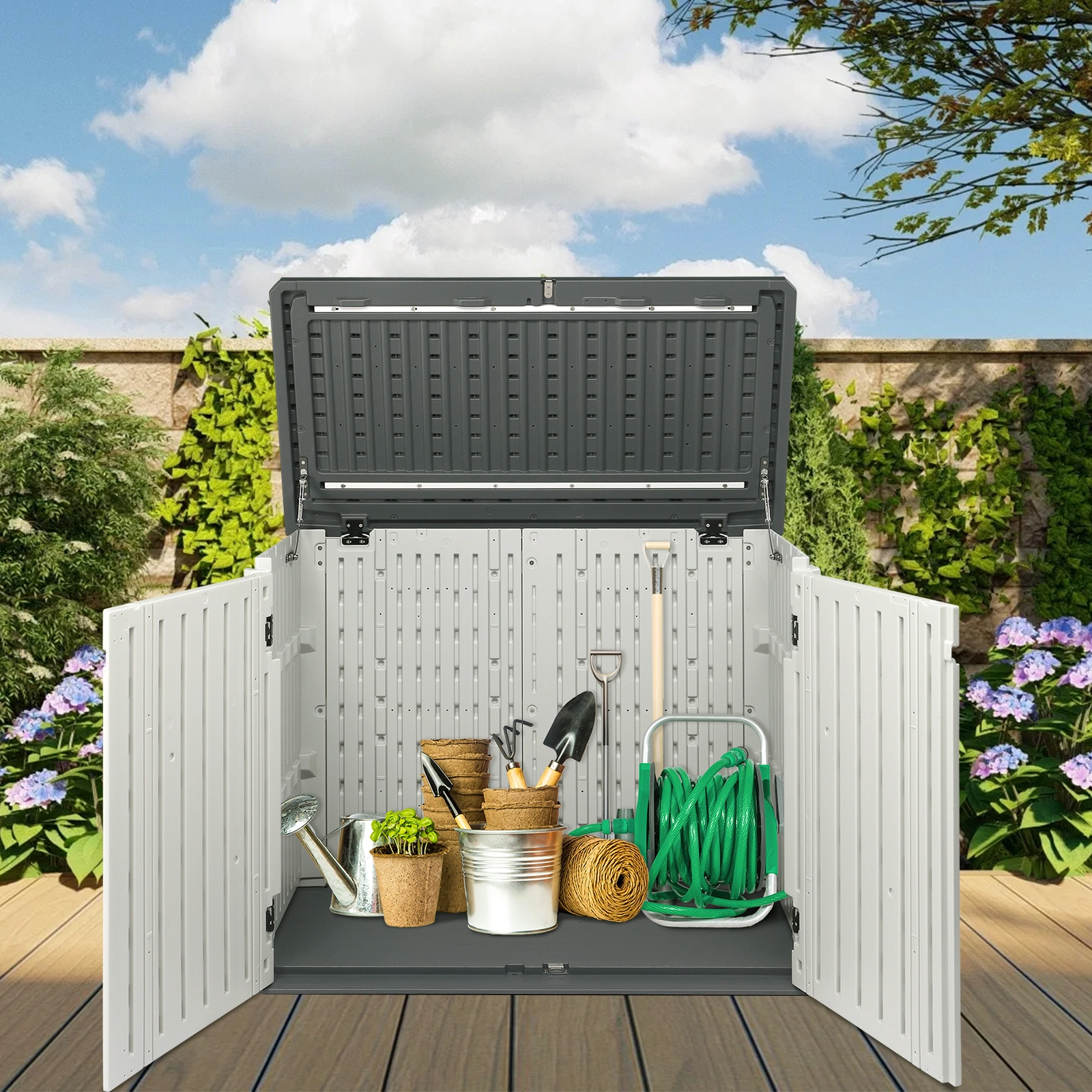 Outdoor Storage Shed, 34 Cu Ft Horizontal Outdoor Storage Cabinet, Lockable Outdoor Storage Box for Garbage Cans, Lawn Mower and Tools, Grey & White view 5