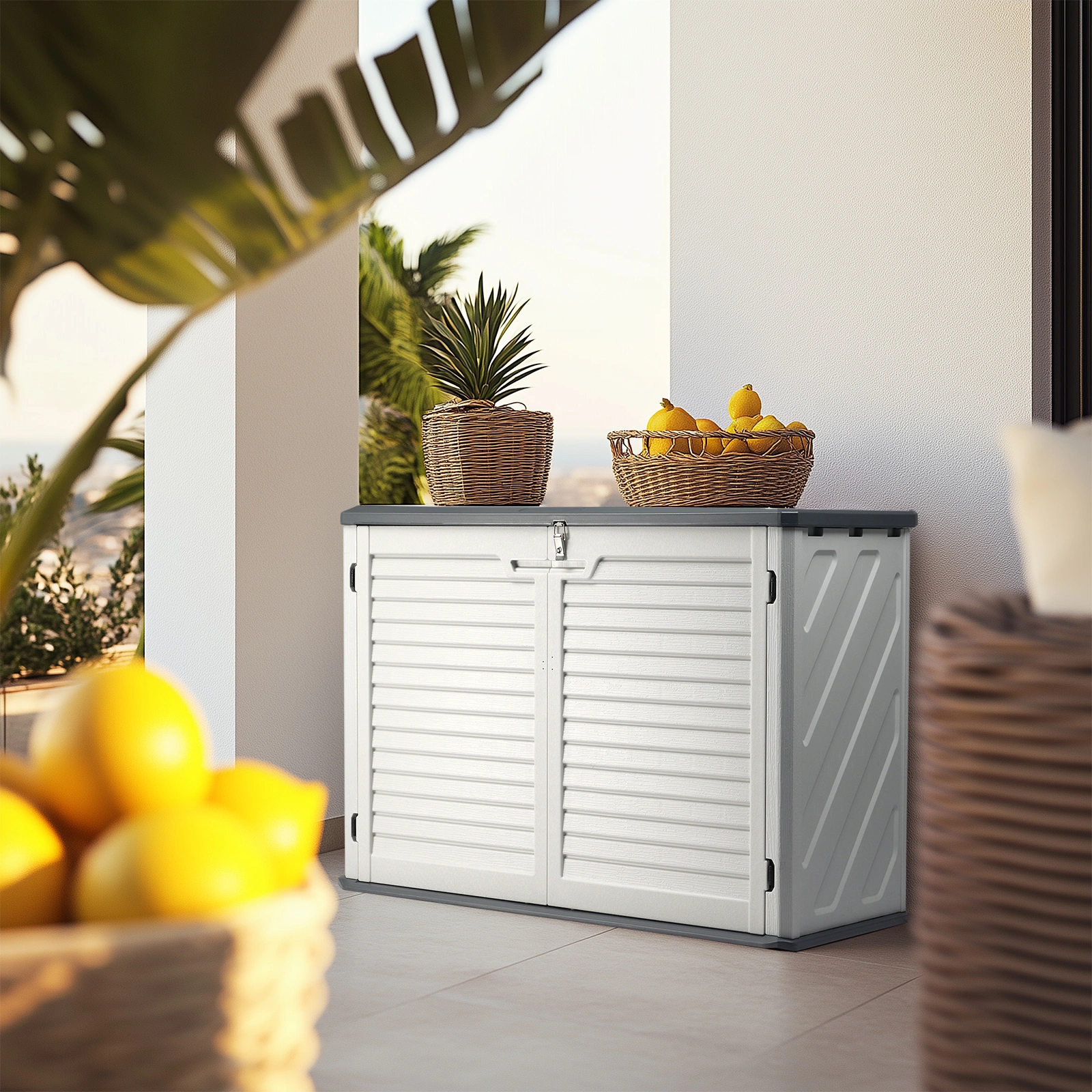 Outdoor Storage Shed, 34 Cu Ft Horizontal Outdoor Storage Cabinet, Lockable Outdoor Storage Box for Garbage Cans, Lawn Mower and Tools, Grey & White view 7