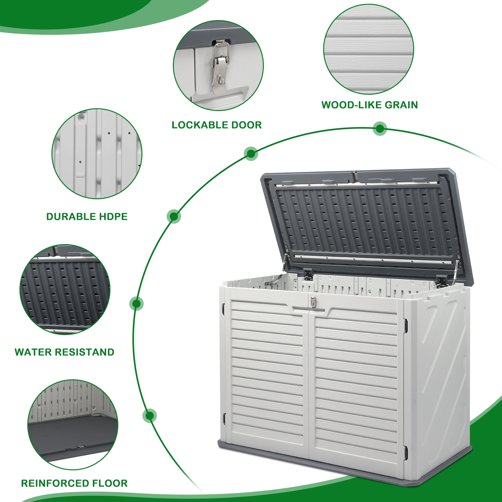 Outdoor Storage Shed, 34 Cu Ft Horizontal Outdoor Storage Cabinet, Lockable Outdoor Storage Box for Garbage Cans, Lawn Mower and Tools, Grey & White view 8
