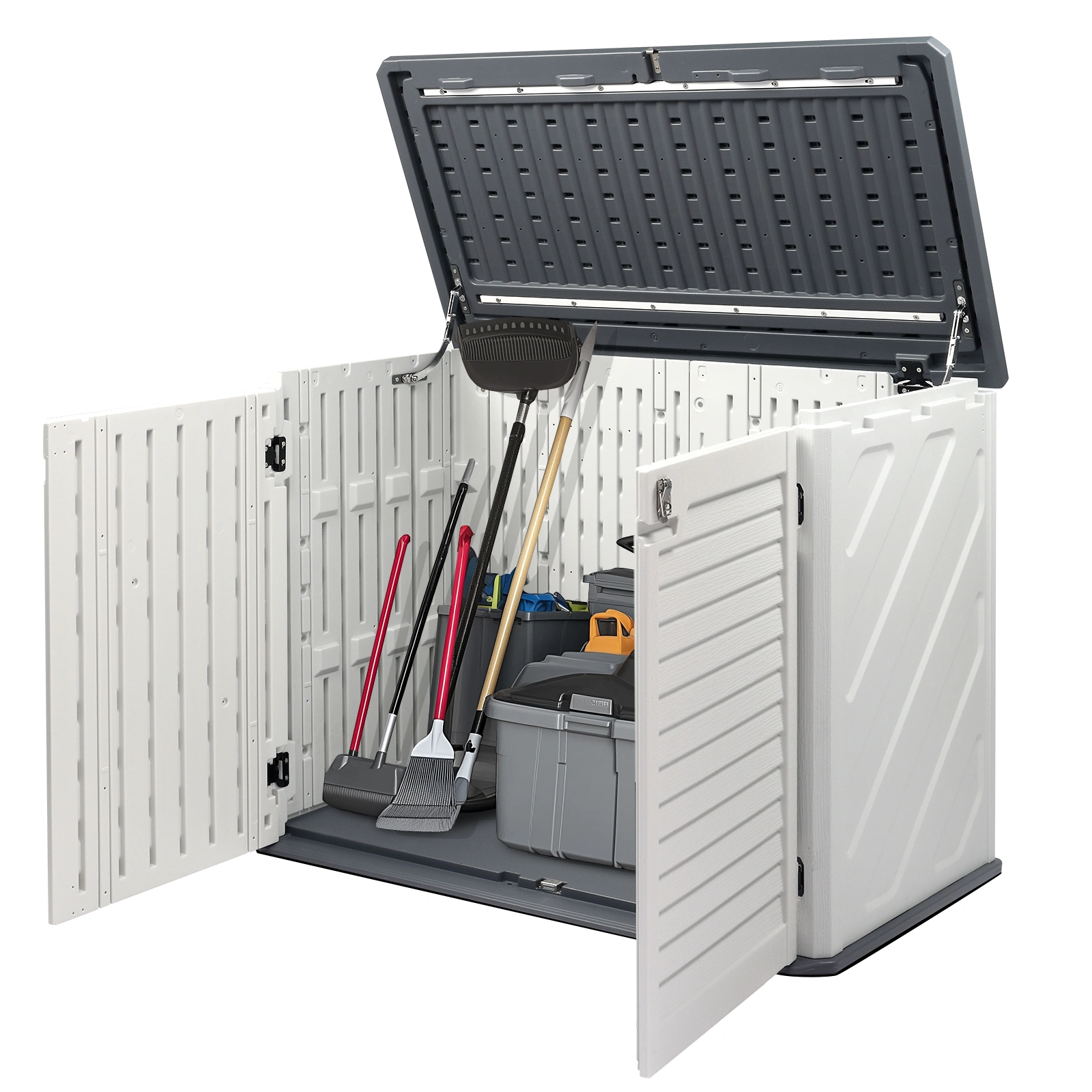 Outdoor Storage Shed, 34 Cu Ft Horizontal Outdoor Storage Cabinet, Lockable Outdoor Storage Box for Garbage Cans, Lawn Mower and Tools, Grey & White view 9